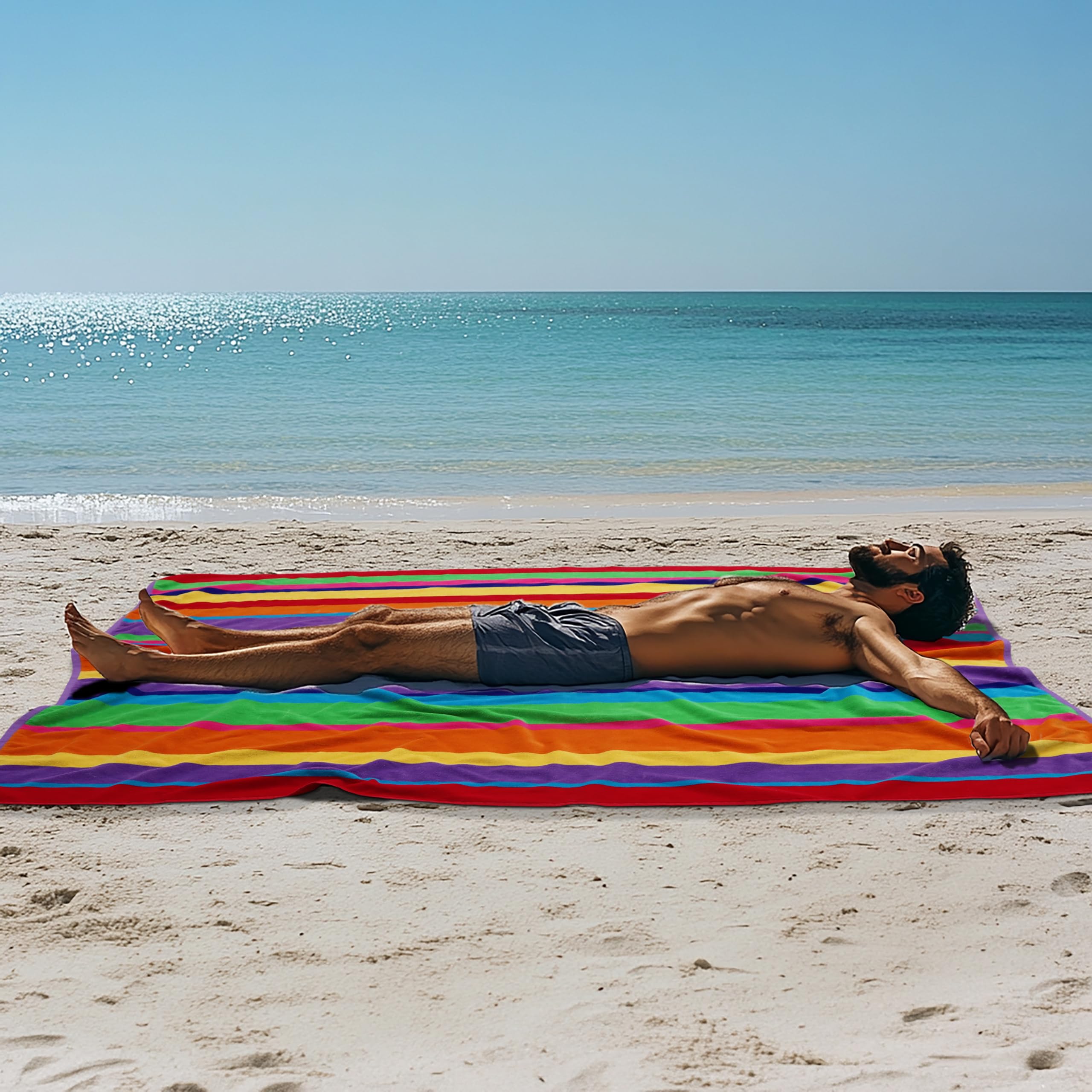 COTTON CRAFT Ombre Stripe Extra Wide Beach Towel for Two - 58x68 - Pure Cotton - Double Woven Jacquard Thick Plush Super Soft Luxurious Velour Pile - Pool Picnic Bath - 450 GSM - Blue