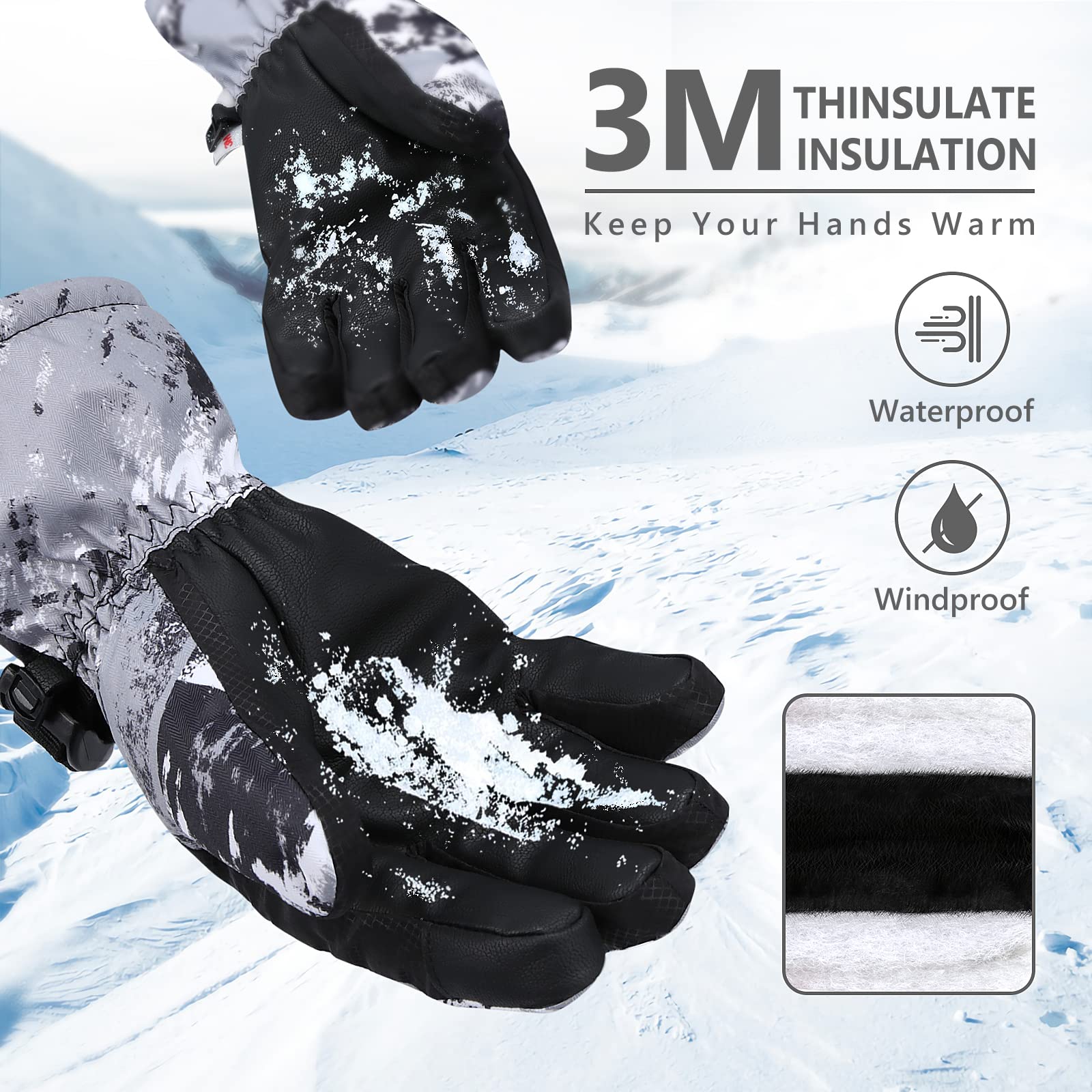 Ski Gloves,Snow Gloves Waterproof Winter Warm Cold Weather Touchscreen Gloves for Parent& Child Kids Skiing,Snowboarding