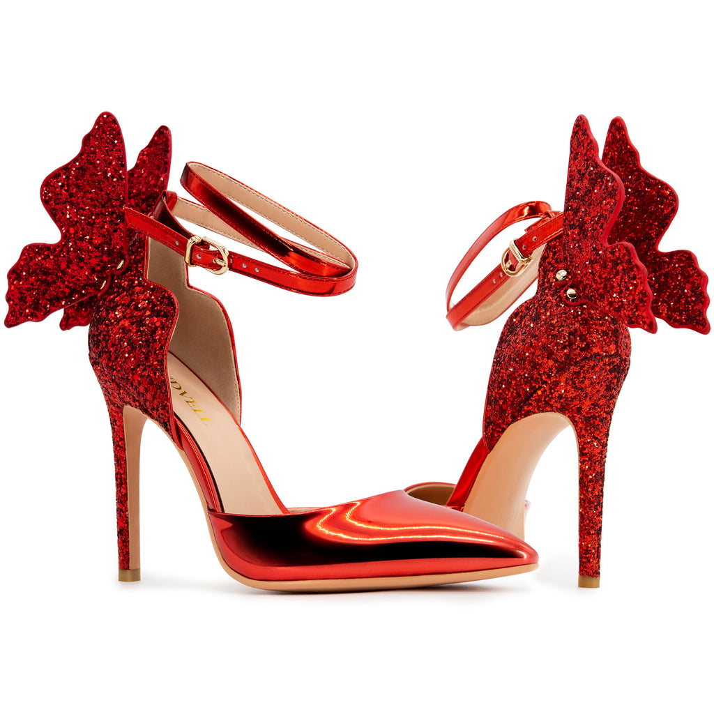 FINDVELL Gold High Heels Butterfly Back Sexy Stiletto Pumps Closed Toe Sparkly Ankle Strap Heels Sandals Dress Shoes for Women