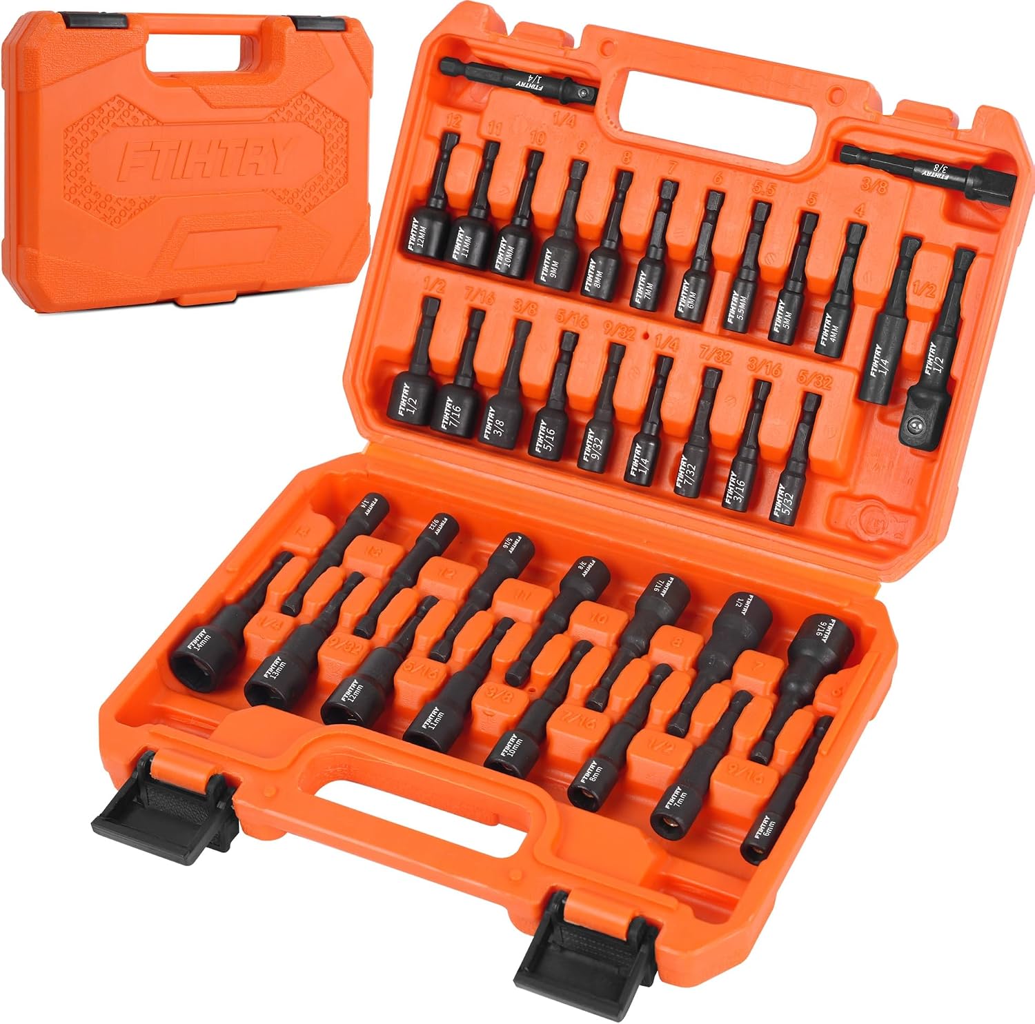 FTIHTRY 39Pcs Magnetic Nut Driver Set for Impact Drill, Metric & SAE Magnetic Impact Drill Driver Bit, 1/4" Hex Shank, Fully Magnetic Hex Nut Driver Drill Bit Master Kit, Black