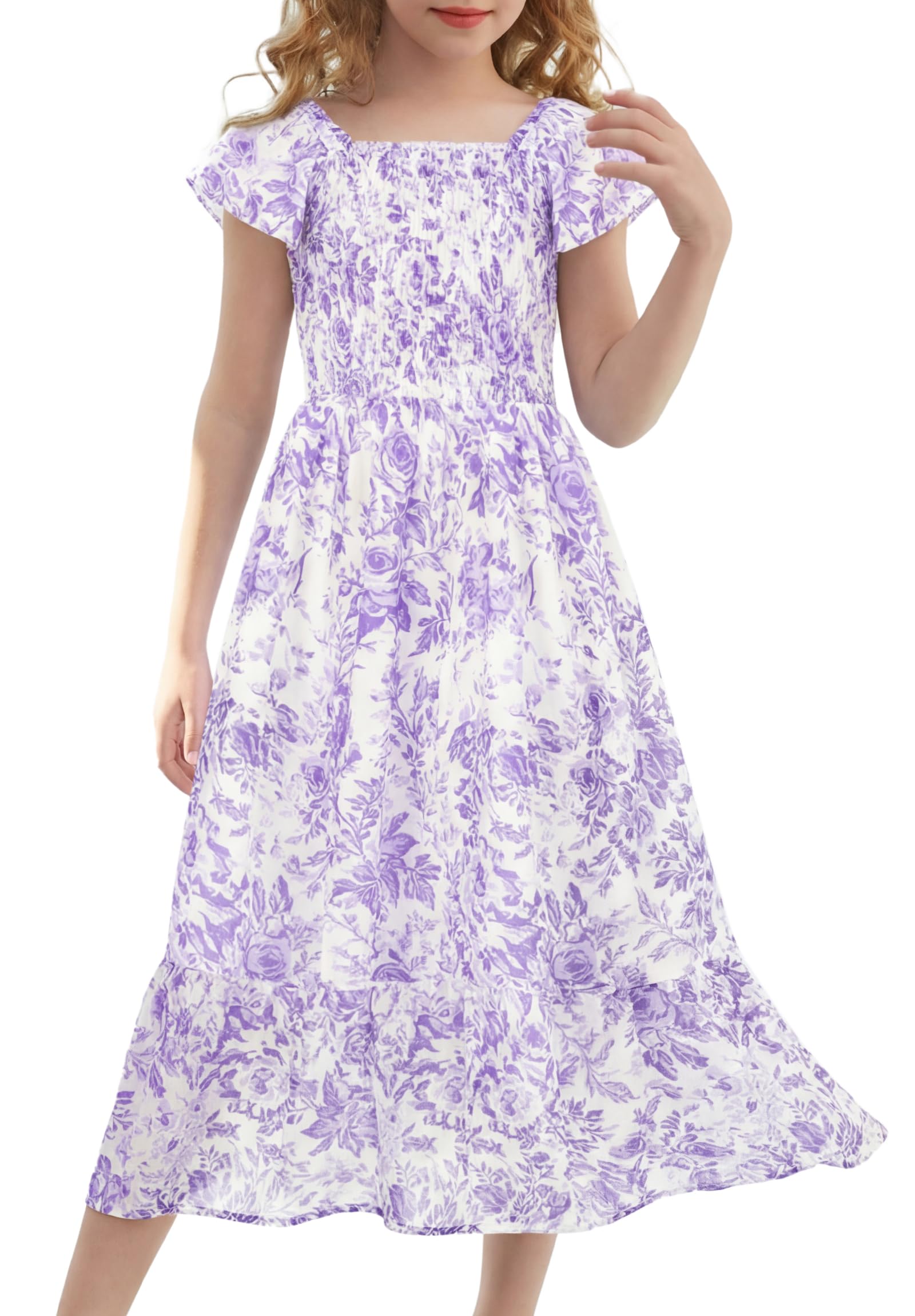 GRACE KARIN Girls Flutter Sleeve Floral Dresses Girl Long Midi Spring Dress Kids Smocked Flare Summer Dress 6-16Y