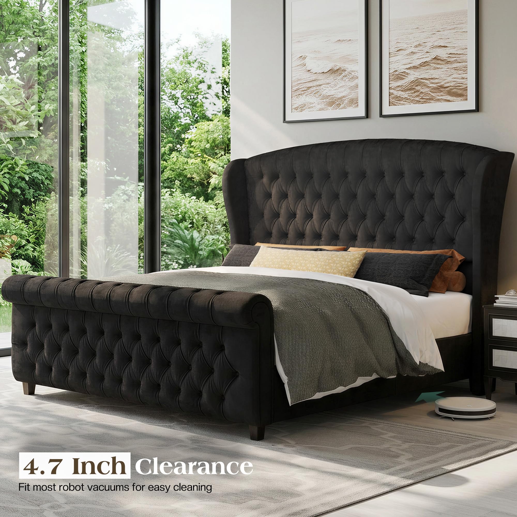 LUXOAK Queen Size Platform Bed Frame, Velvet Upholstered Sleigh Bed with Curved Headboard & Footboard, Deep Button Tufted, Wood Slats Support, No Box Spring Needed, Black