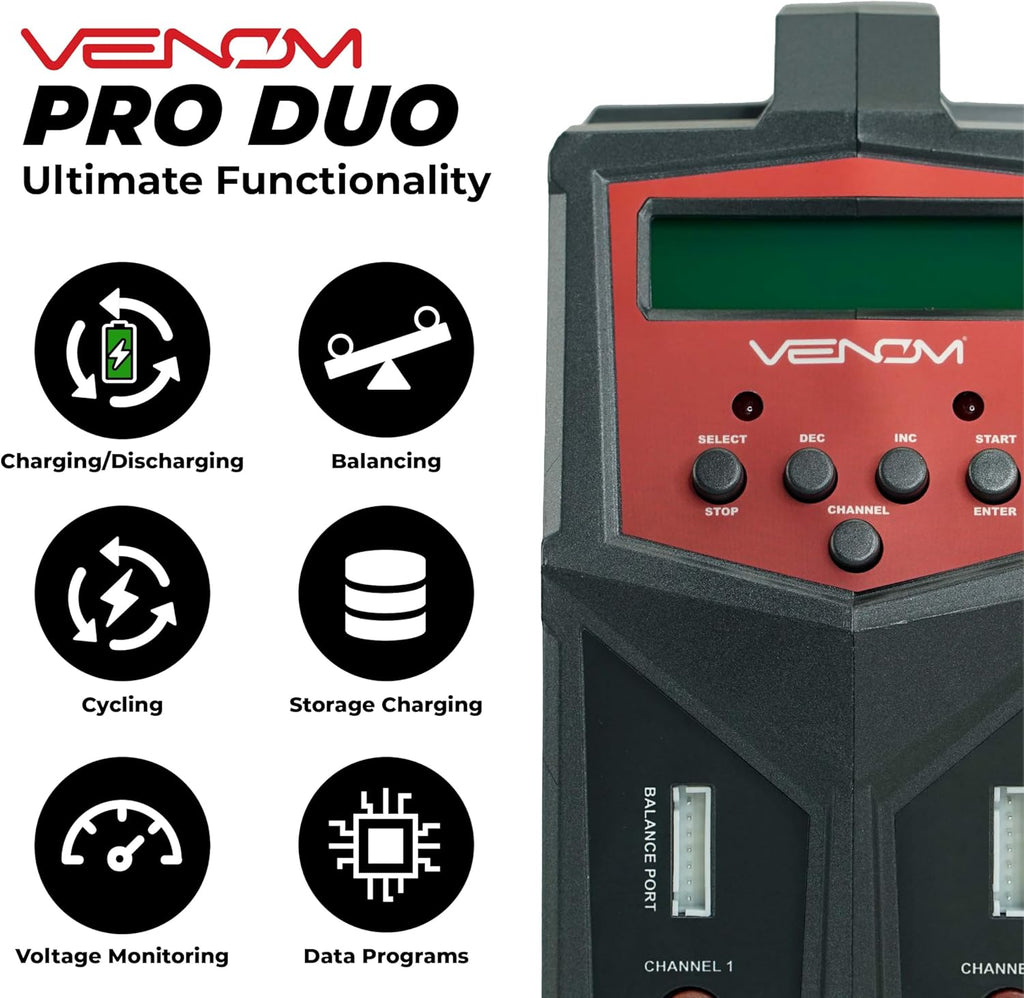 Venom Power Pro Duo LiPo Battery Charger - LCD Screen, Charging Leads - Balance Charger & Discharger for LiPo, LiHV, Li-Ion, Life, NiMH, NiCD, Pb Batteries - Power Supply for 1S- 6S, Drone & RC Cars