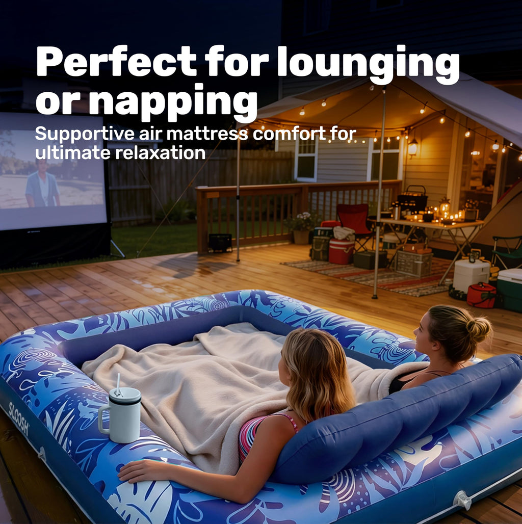 SLOOSH Inflatable Tanning Pool Lounger Float, 85" x 57" Extra Large Pool Floats Adult with Pillow, 4 in 1 Suntan Tub Raft Floatie,Sunbathing Bed Lounge for Water Blow Up Ball Pit Party Gifts, XL-Blue