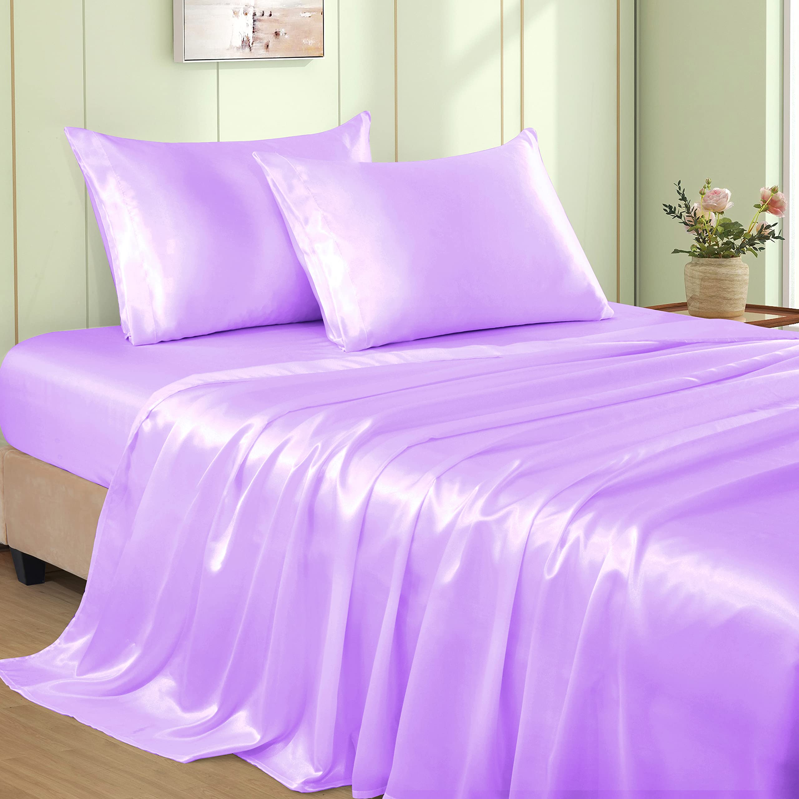 VACVELT 3pcs Beige Satin Sheets Twin Size Bed Set, 15 Inch Deep Pocket Silky Satin Sheet Set, Soft Satin Bedding Set Cooling & Luxury Bed Sheets, 1 Fitted Sheet + 1 Flat Sheet + 1 Pillowcase