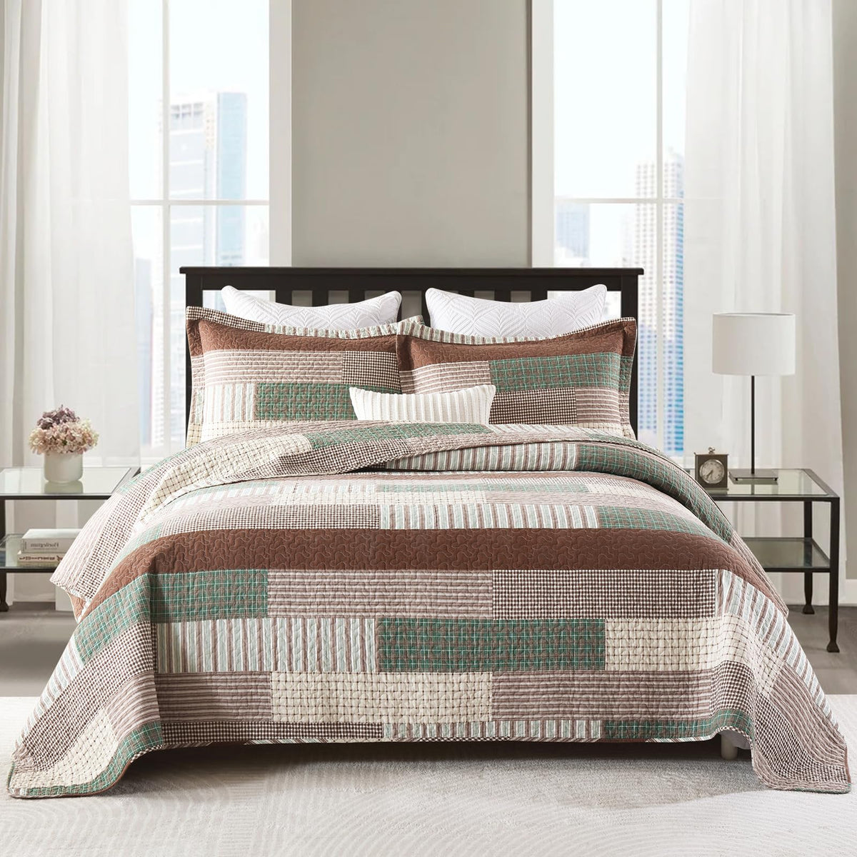 Y-PLWOMEN 100% Cotton Farmhouse Plaid Lightweight 3-Pieces Quilt Set (Blue Brown, Queen90 * 98 Inch)