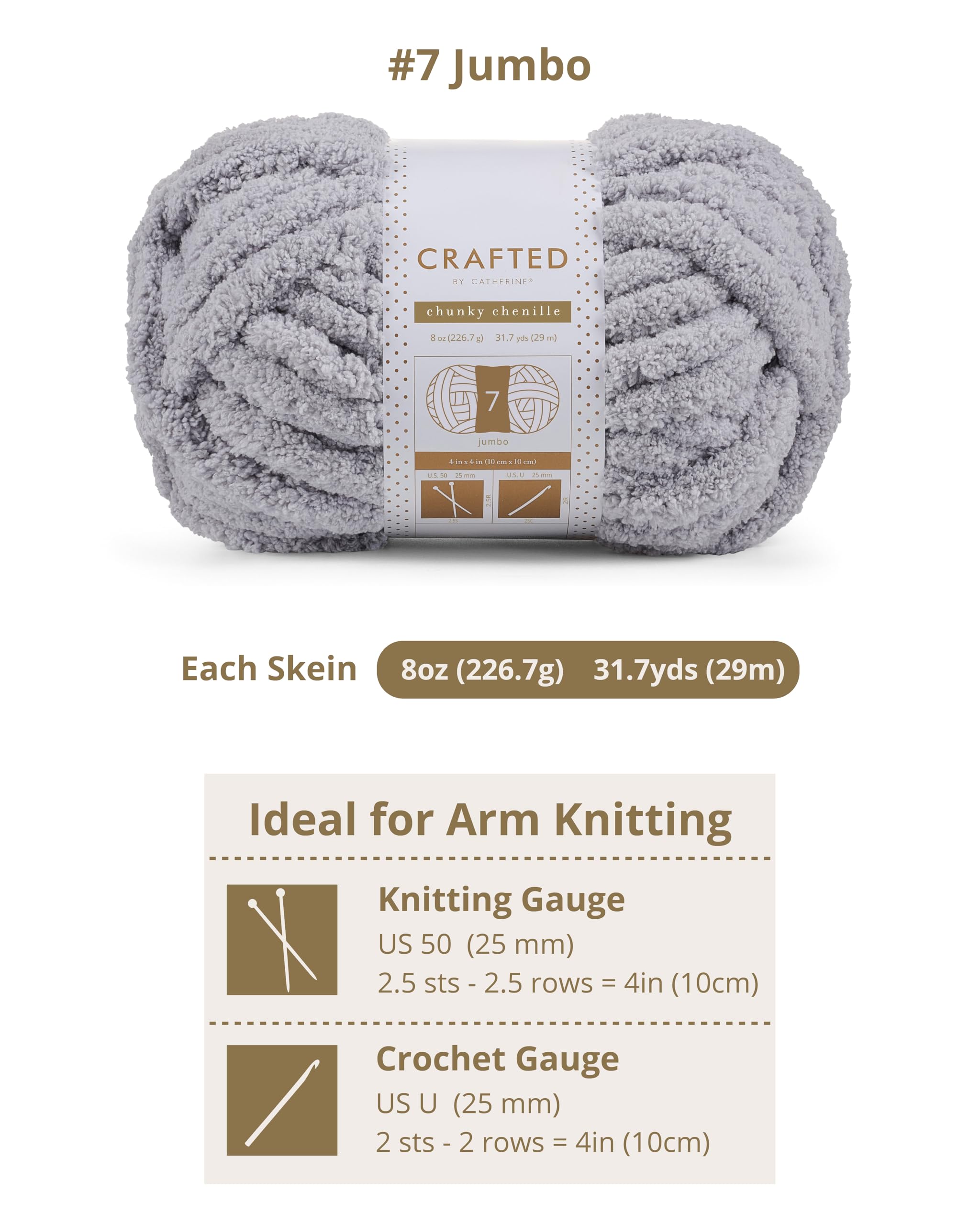 Crafted By Catherine Chunky Chenille Yarn - 2 Pack (8 oz / 227 g, 31.7 Yards Each Skein), Beige, Gauge 7 Jumbo