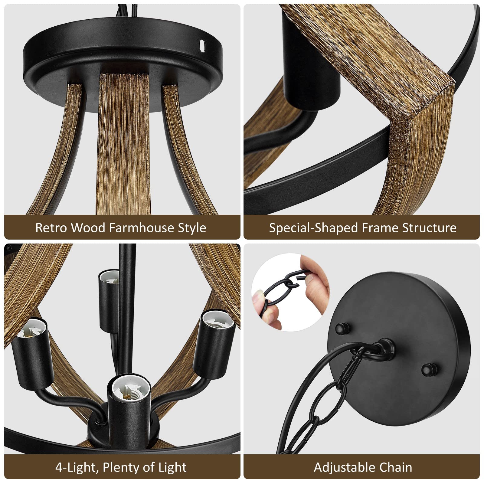 13.1" Modern Farmhouse Hanging Pendant Lighting, 4-Light Rustic Interior Flush Mount Ceiling Light Fixture, Vintage Chandelier for Hallway Foyer Dining Room Entryway Kitchen Island Bedroom