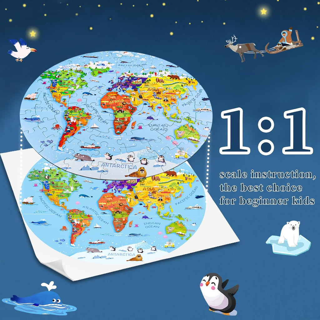DIGOBAY World Map Jigsaw Puzzle for Kids 4-8, 70 Piece Large Round Floor Puzzles for Kids Ages Toddler Puzzle Globe Geography Games Educational Toys Birthday for Children