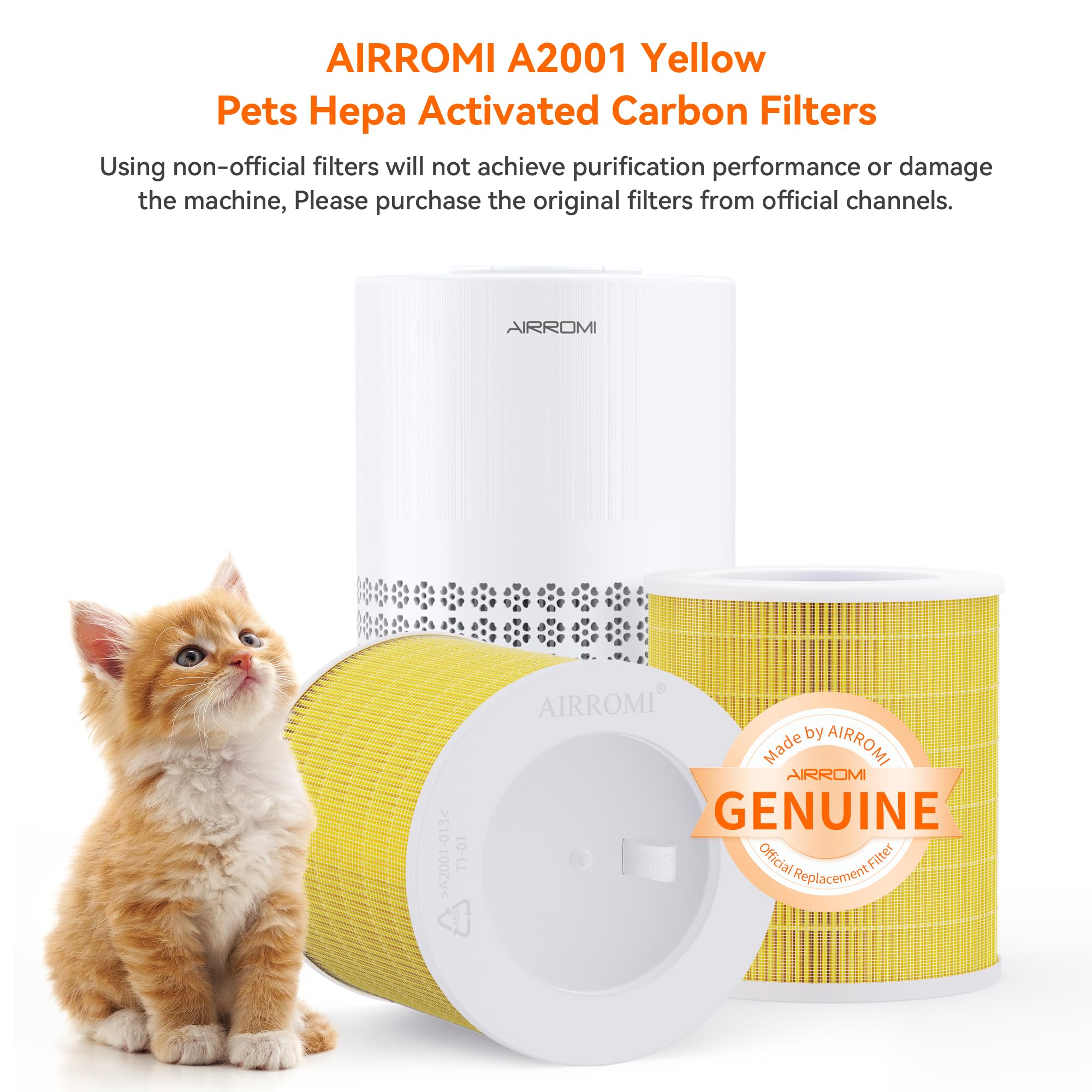 AIRROMI A2001 HEPA Air Purifier Replacement Filter, 3-In-1 Original Filter, Remove 99.97% of 0.3 Micron Particle 2 Pack White Activated Carbon