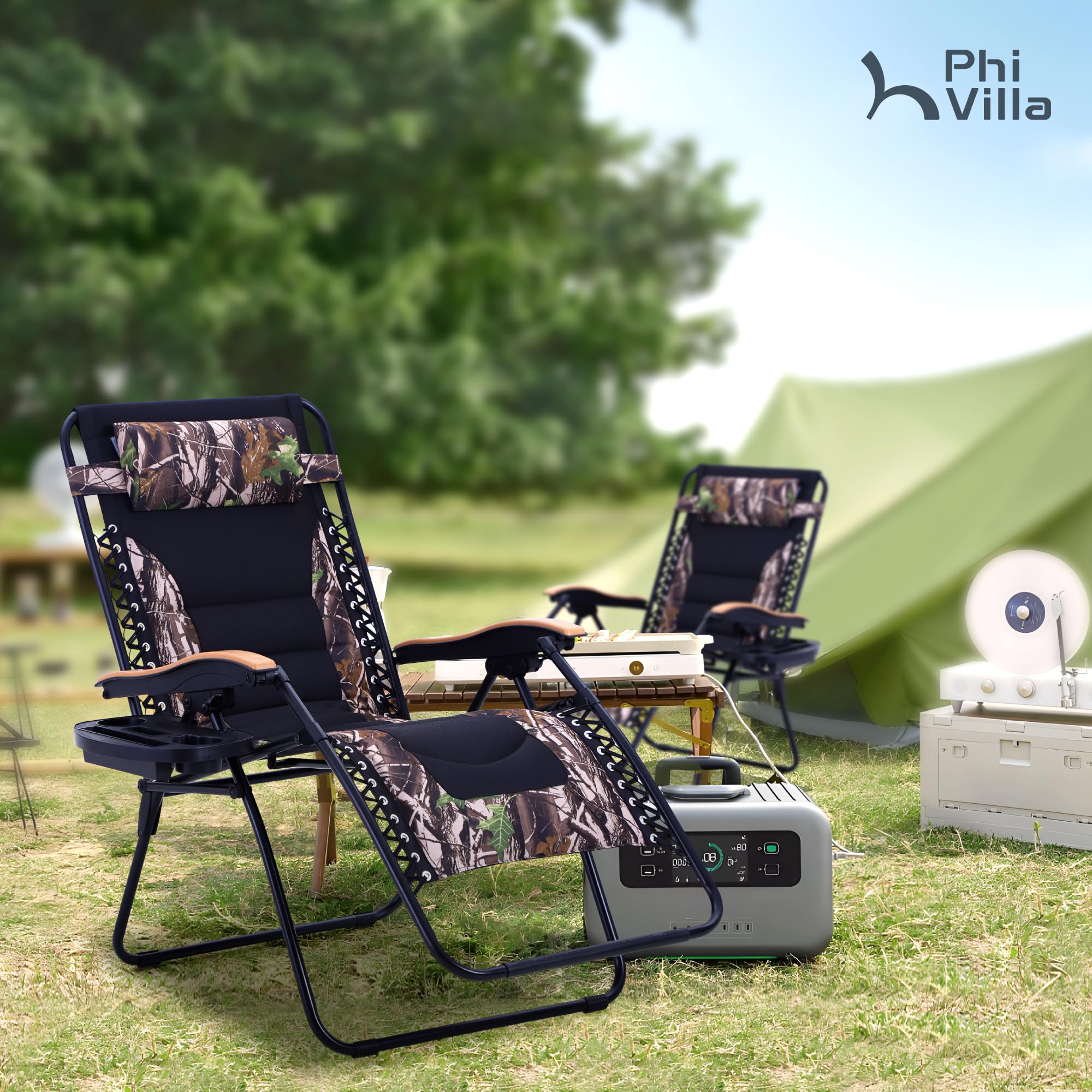 PHI VILLA XXL Oversized Padded Zero Gravity Chair Set of 2, Foldable Patio Recliner, 30" Wide Seat Anti Gravity Lounger with Armrest and Cup Holder, Support 400 LBS (Aqua Blue)