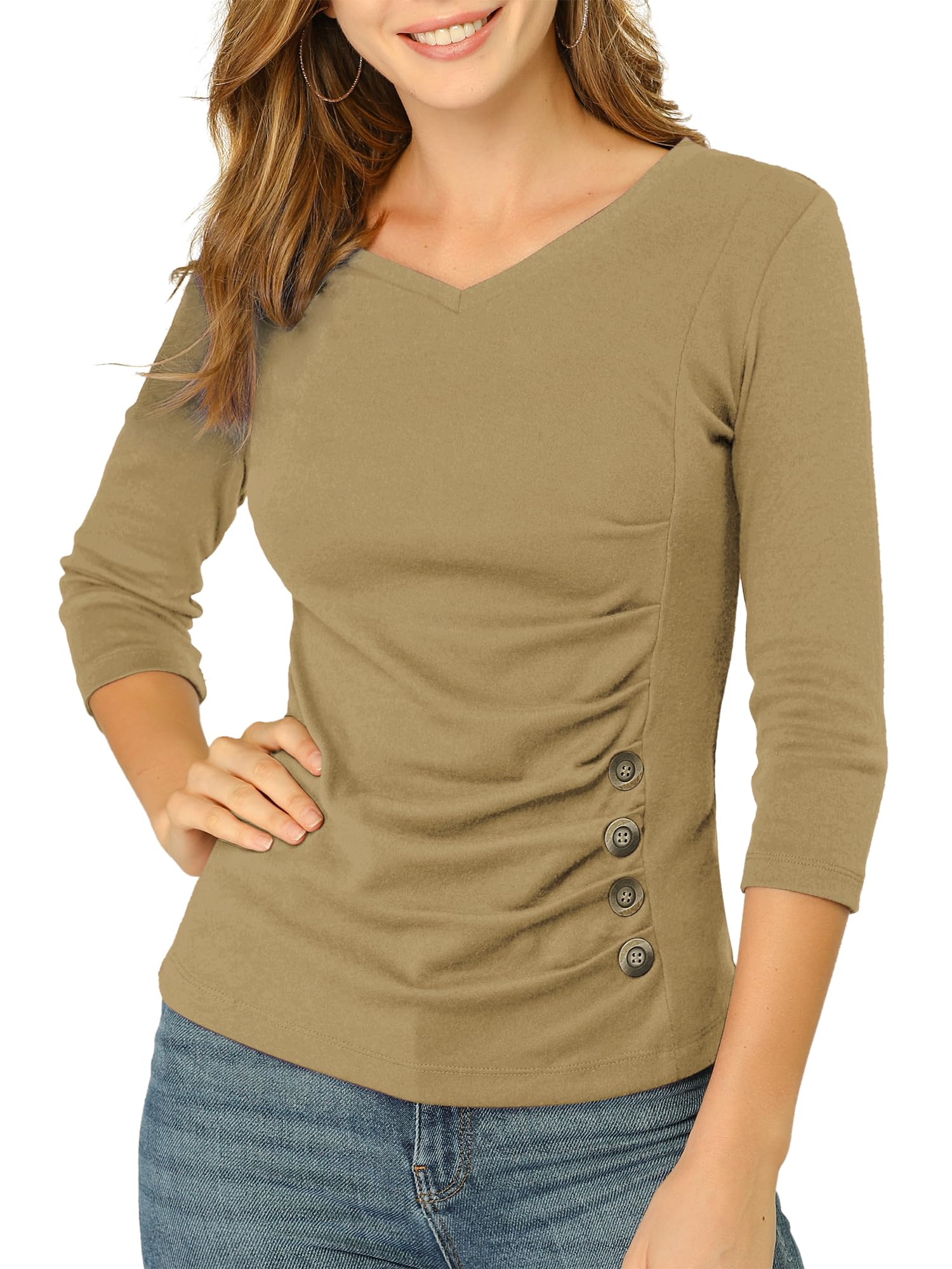 Allegra K Women's V Neck Tops 3/4 Sleeves Solid Knitted Buttons Decor Ruched Blouse