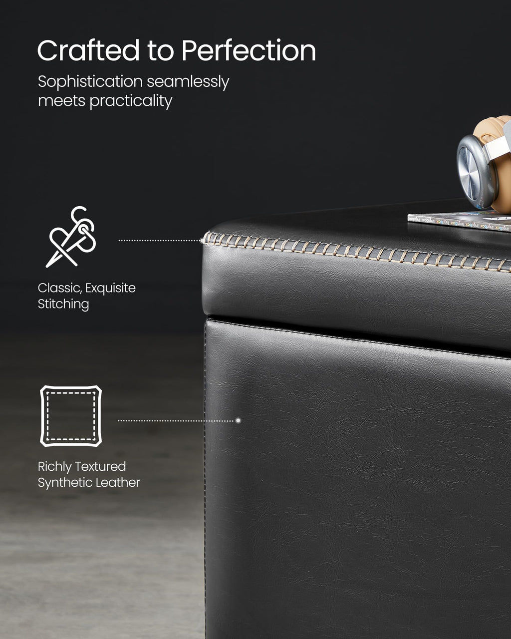 VASAGLE EKHO Collection - Storage Ottoman Bench, Entryway Bedroom Bench, 15 Gallons, Synthetic Leather with Stitching, Mid-Century Modern, Safety Hinges, Loads 660 lb, Caramel Brown ULOM074K01