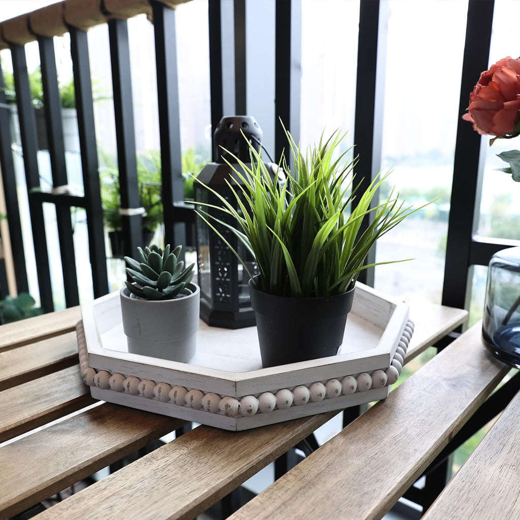Hrastany Wood Rustic Serving Tray with Beads, Farmhouse Black Decorative Tray for Table Centerpiece, Christmas Wedding Halloween Home Decor