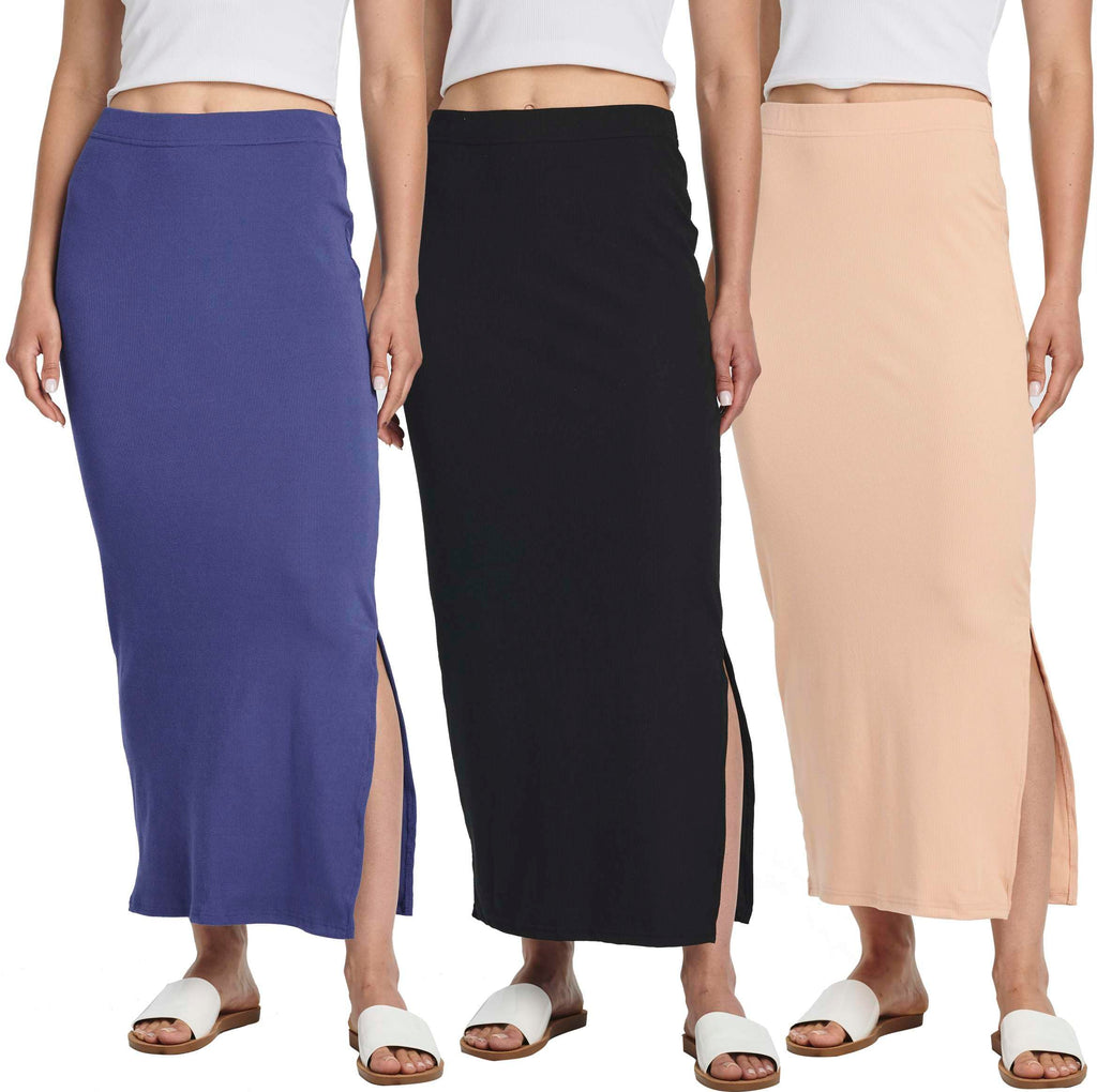 Real Essentials 3 Pack: Women's Ribbed High Waisted Maxi Skirt with Side Slit - Casual Long Pencil Skirt