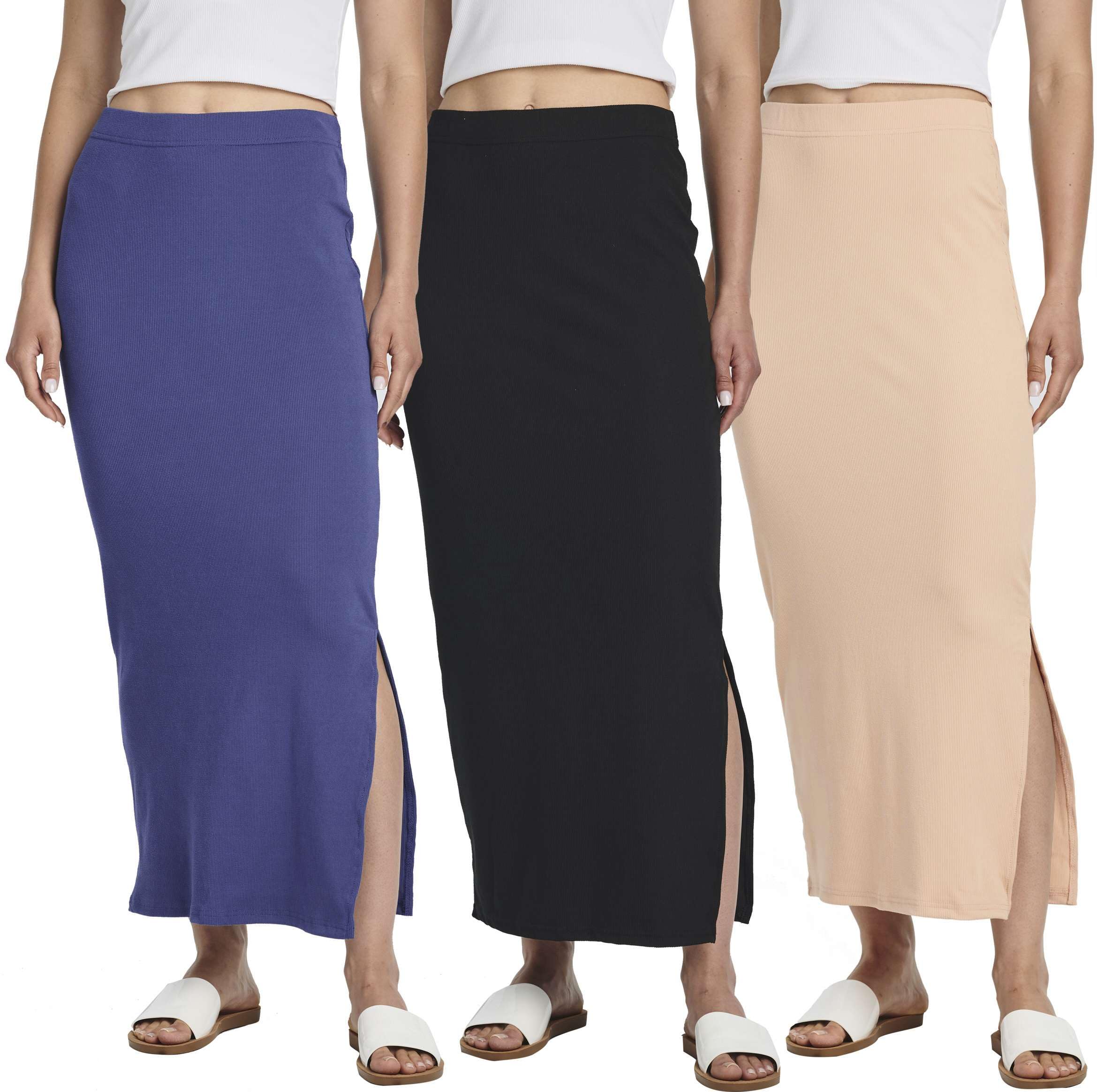 Real Essentials 3 Pack: Women's Ribbed High Waisted Maxi Skirt with Side Slit - Casual Long Pencil Skirt