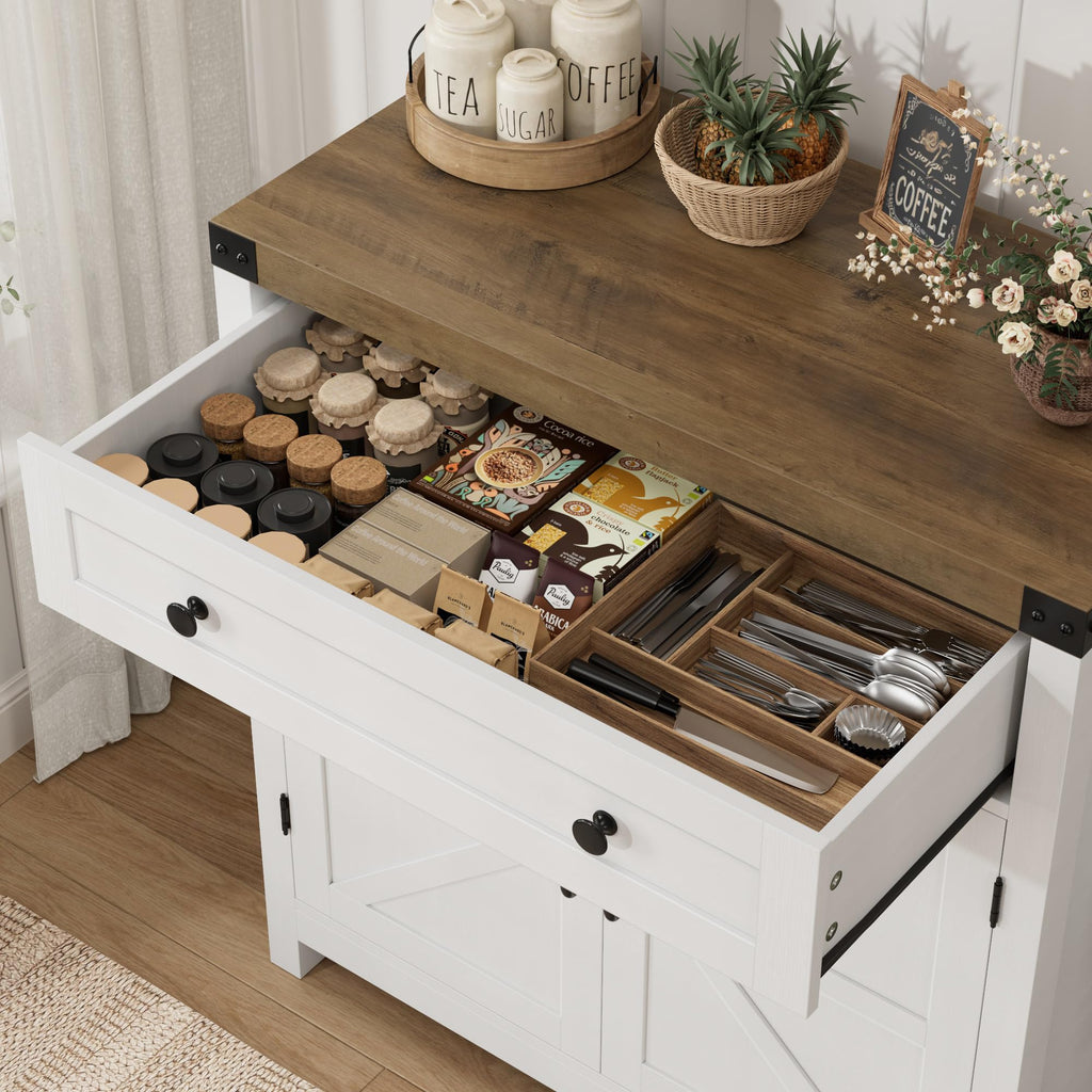 HOSTACK Coffee Bar Cabinet, Kitchen Storage Cabinet, Modern Farmhouse Buffet Sideboard with Drawer and Adjustable Shelf, Barn Door Accent Cabinets for Kitchen, Dining Room, Entryway, Ash Grey