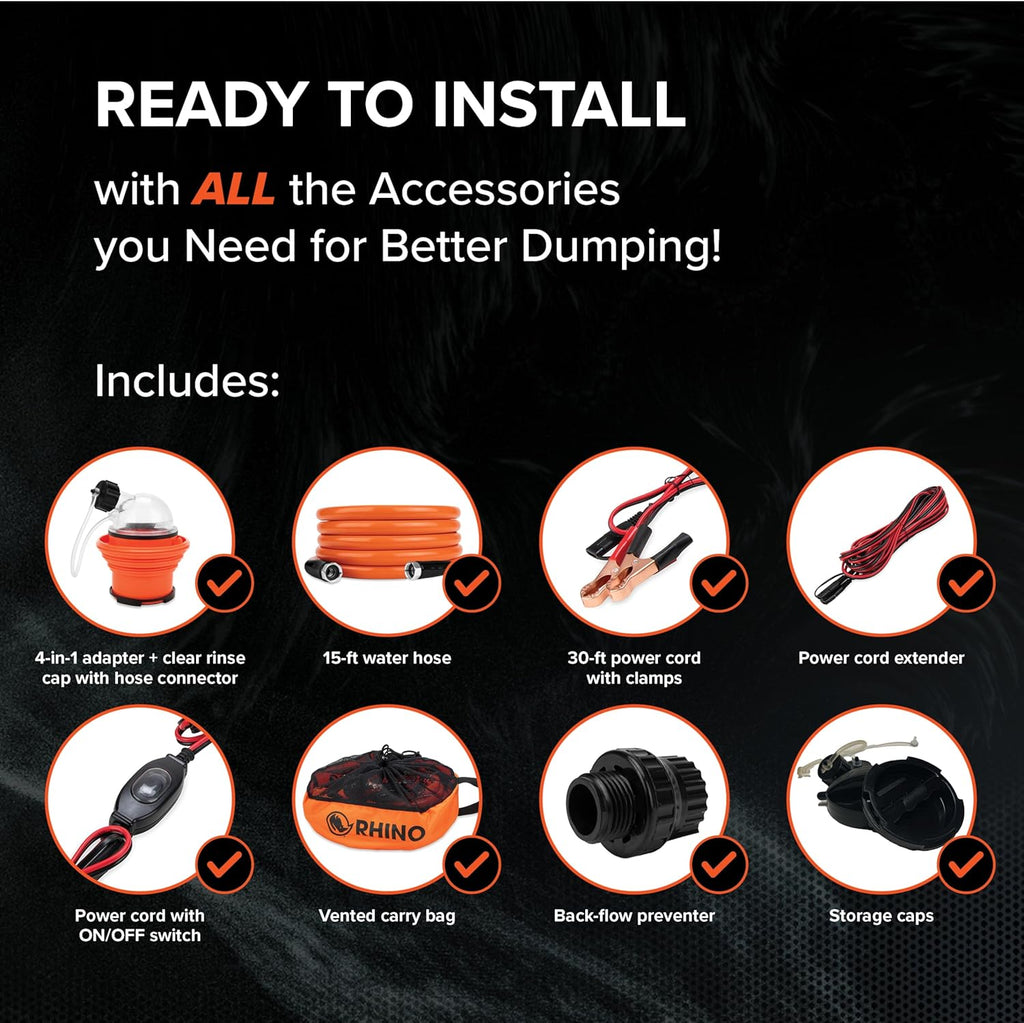Camco Rhino Camper/RV Sewage Macerator Pump Kit - Features Run Dry Protection and High Temp Protection - Compatible w/4”, 3.5” & 3” Sewer Outlets - Designed w/Self-Priming 12 Volt DC Motor (39040)