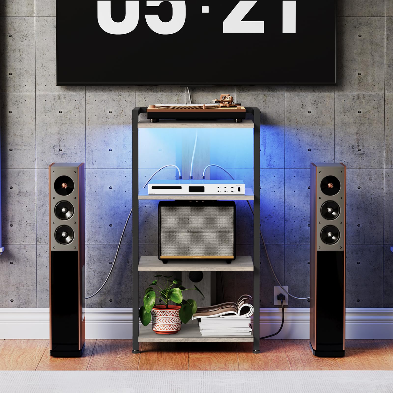 HOOBRO Game Console Shelf, 4-Tier Video Gaming Consoles Stand with Outlet & RGB Light, Audio Rack Tower for Turntable, Stereo Equipment, Wooden Entertainment Storage Stand, Black BB38UDCJ01