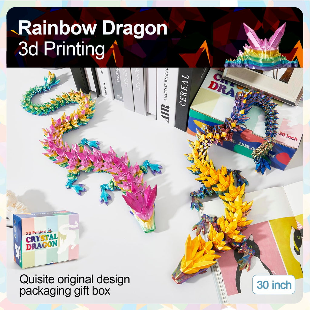24" Large 3D Printed Dragon - Huge Articulated Crystal Dragon Fidget Toy, Giant Flexible 3D Dragon Figure, Birthday Gift for Boys Girls Kids & Collectors, Home Office Executive Desk Decor