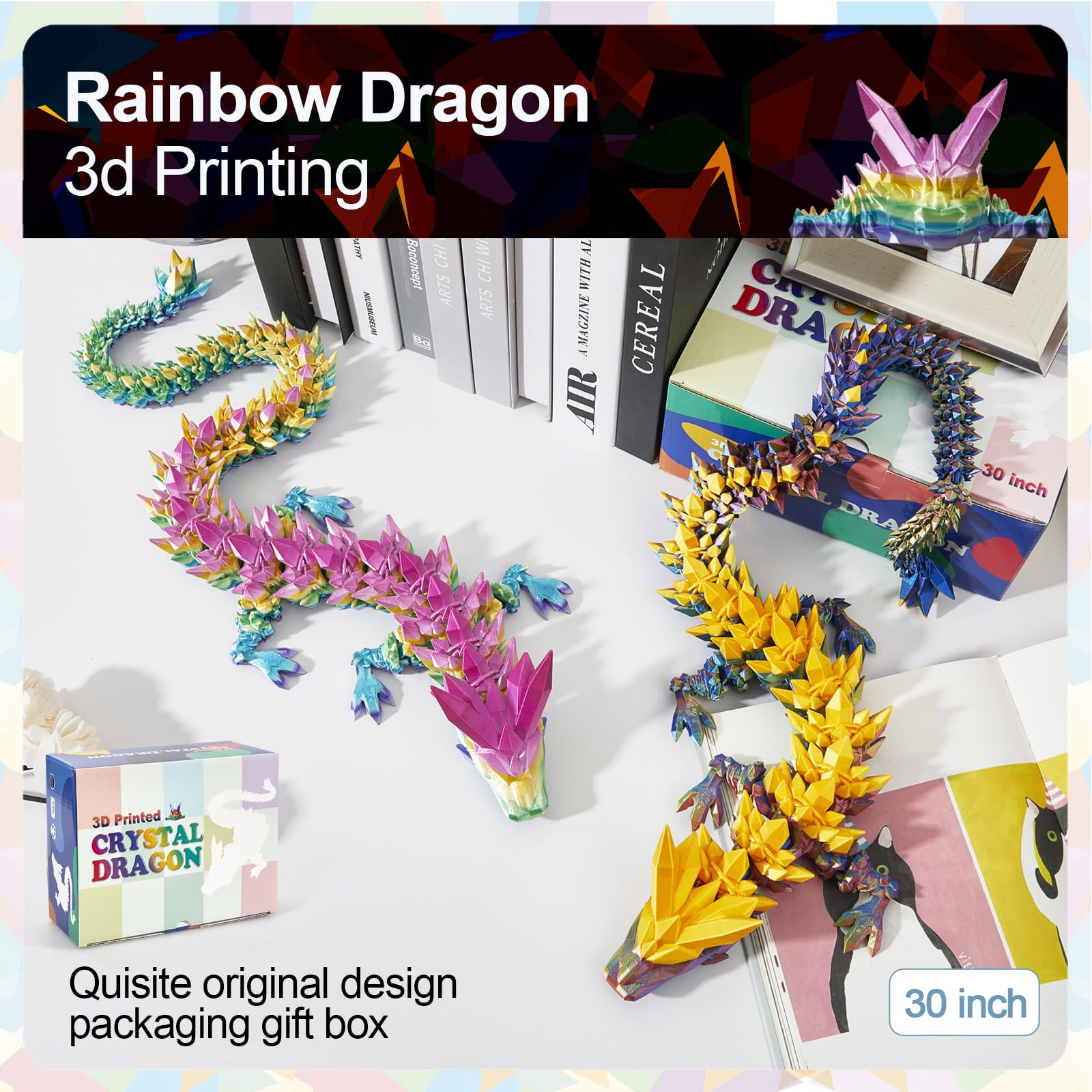 24" Large 3D Printed Dragon - Huge Articulated Crystal Dragon Fidget Toy, Giant Flexible 3D Dragon Figure, Birthday Gift for Boys Girls Kids & Collectors, Home Office Executive Desk Decor
