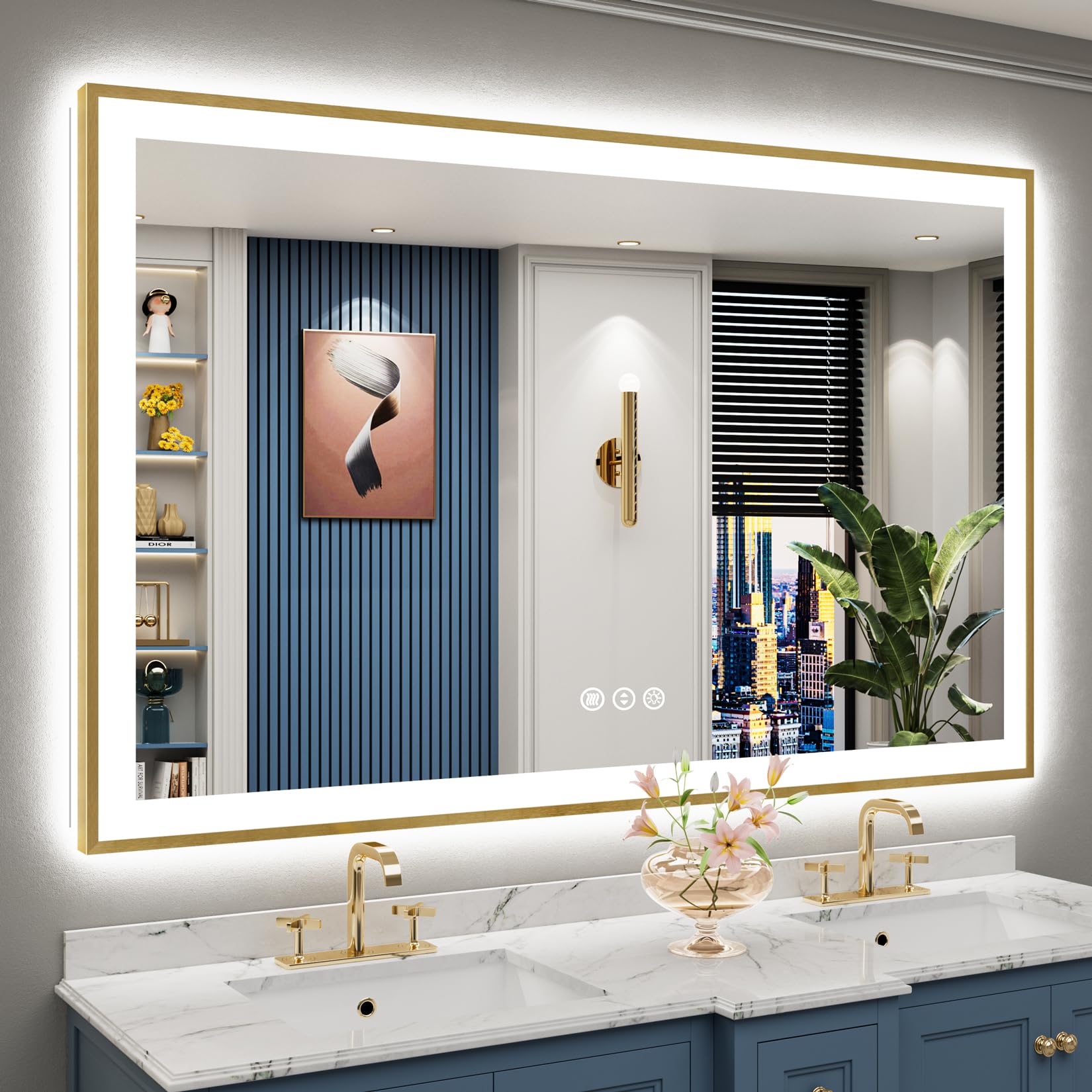24x36 Gold Beveled LED Bathroom Mirror with Lights, Brushed Gold Framed Backlit and Front Lit Anti-Fog Lighted Vanity Mirrors for Bathroom Wall, Dimmable, 3 Colors, Memory, HD Tempered Glass