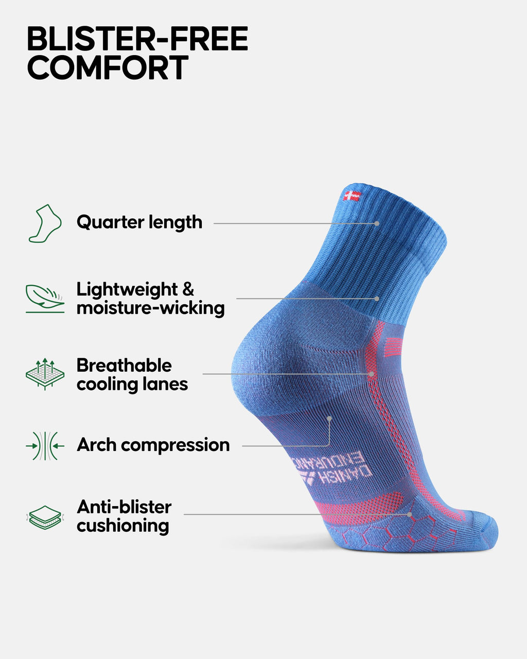 DANISH ENDURANCE Ultra-Comfort Quarter Running Socks, Performance Socks, Men & Women - 3 or 5 Pack