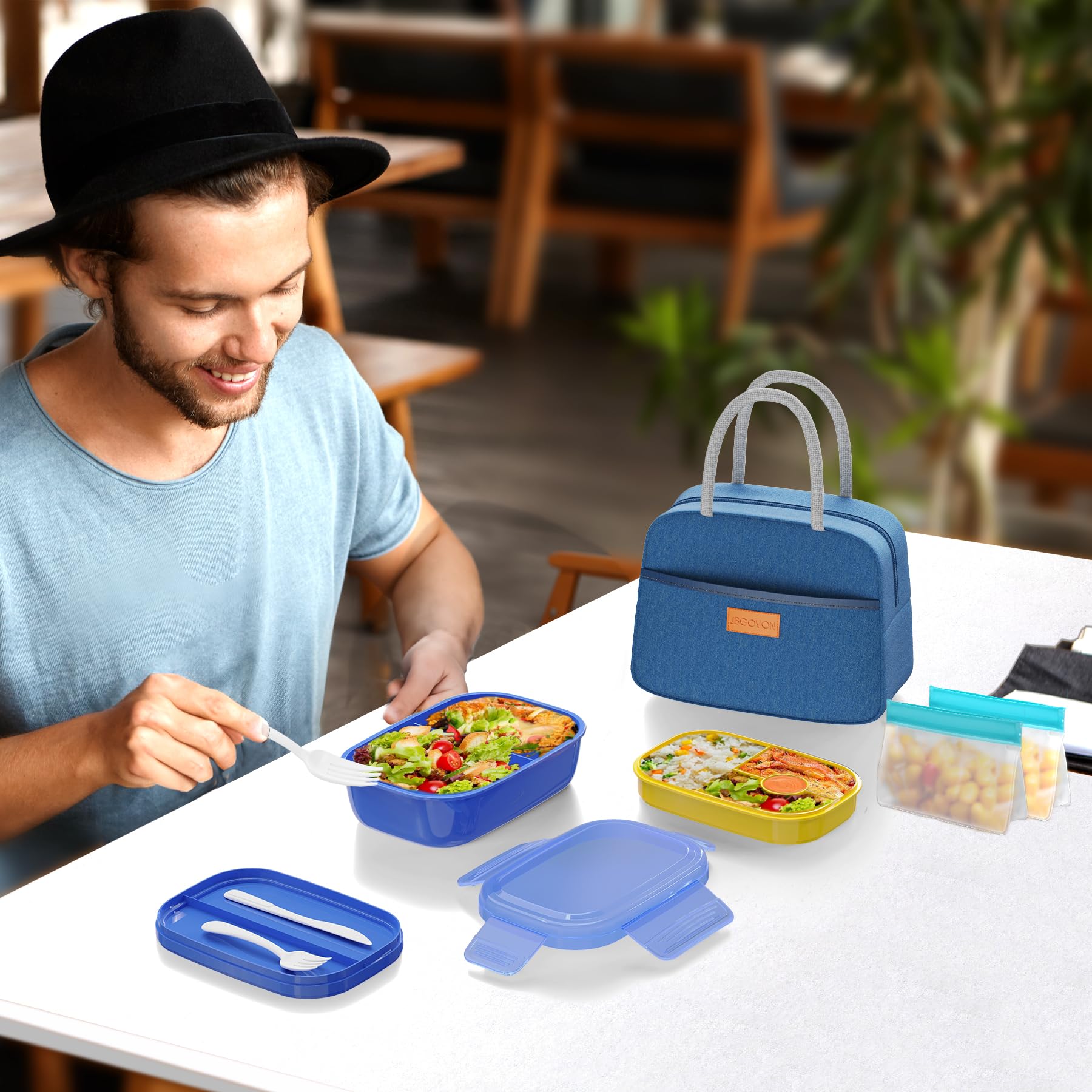 JBGOYON® Bento Lunch Box Set - 3 Stackable Containers for Adults and Kids- Includes Lunch Bag, Leak-Proof and BPA-Free - Built-in Utensil Set and Snack Bag - Dishwasher Safe(Grey Black)
