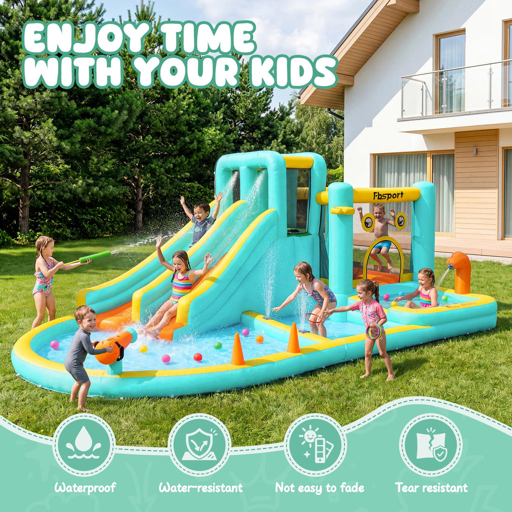 FBSPORT Inflatable Bounce House Double Slide,Water Slide Park Bounce House with Ball Pit,Water Cannon, Climbing Wall, Kids Bouncy Castle with 550W Air Blower for Backyard, Outdoor, Indoor