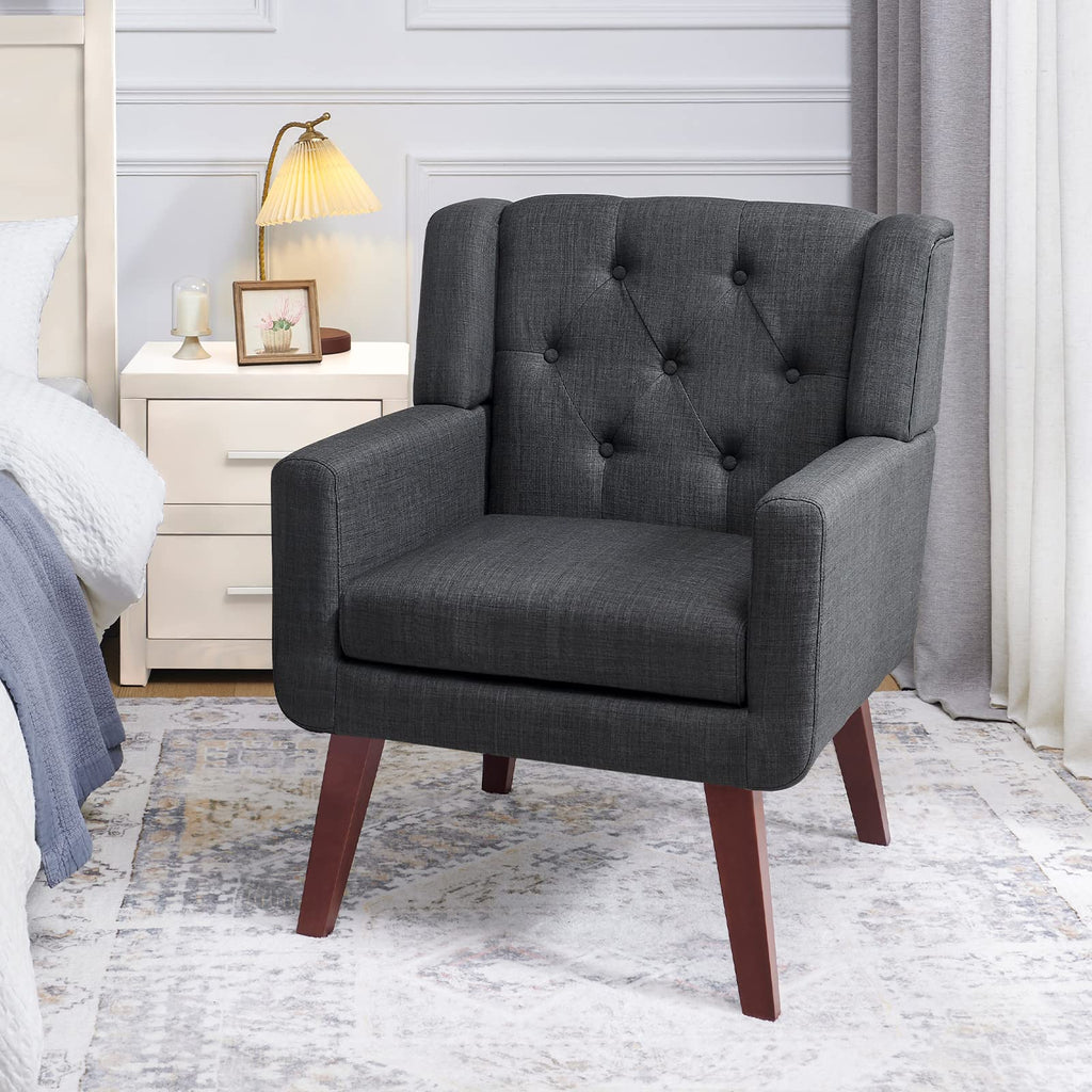 Living&Giving Accent Chair Button-Tufted Upholstered Living Room Chairs Comfy Reading Mid Century Modern with Linen Fabric Lounge Arm for Bedroom (Beige) 29.33D x 28.94W x 34.65H Inch