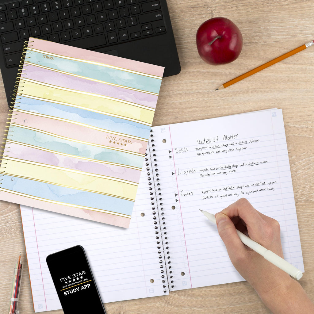 Five Star Spiral Notebook + Study App, 2 Pack, 1 Subject, Wide Ruled, 8" x 10-1/2", 80 Sheets, Fights Ink Bleed, Water Resistant Cover, Pastel Waves and Brush Strokes (930210F-ECM)