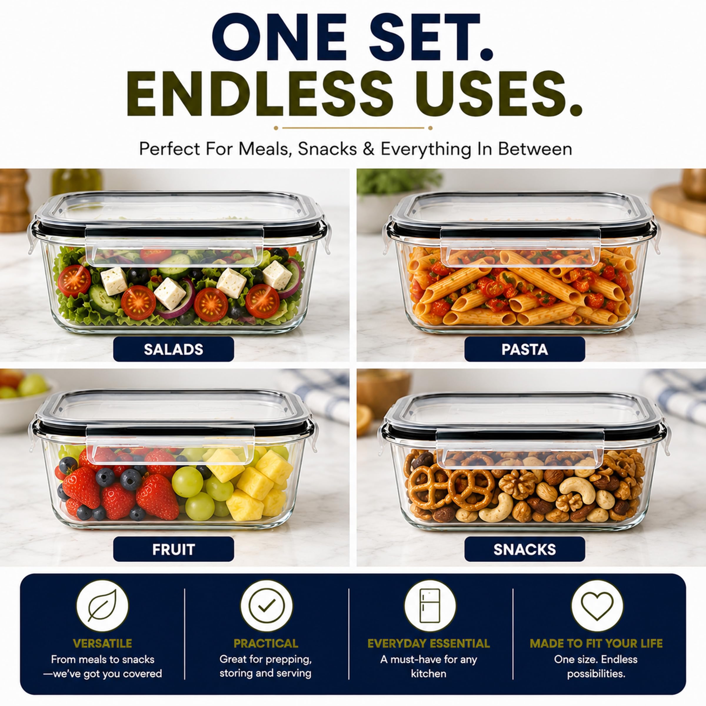Sorbus 20pc Glass Meal Prep Containers Set – 10 Glass Food Storage Containers (21.3oz, 2.6 Cups) with Airtight Lids – Freezer, Dishwasher, and Oven Safe – Reusable Containers for Meal Prep and Storage