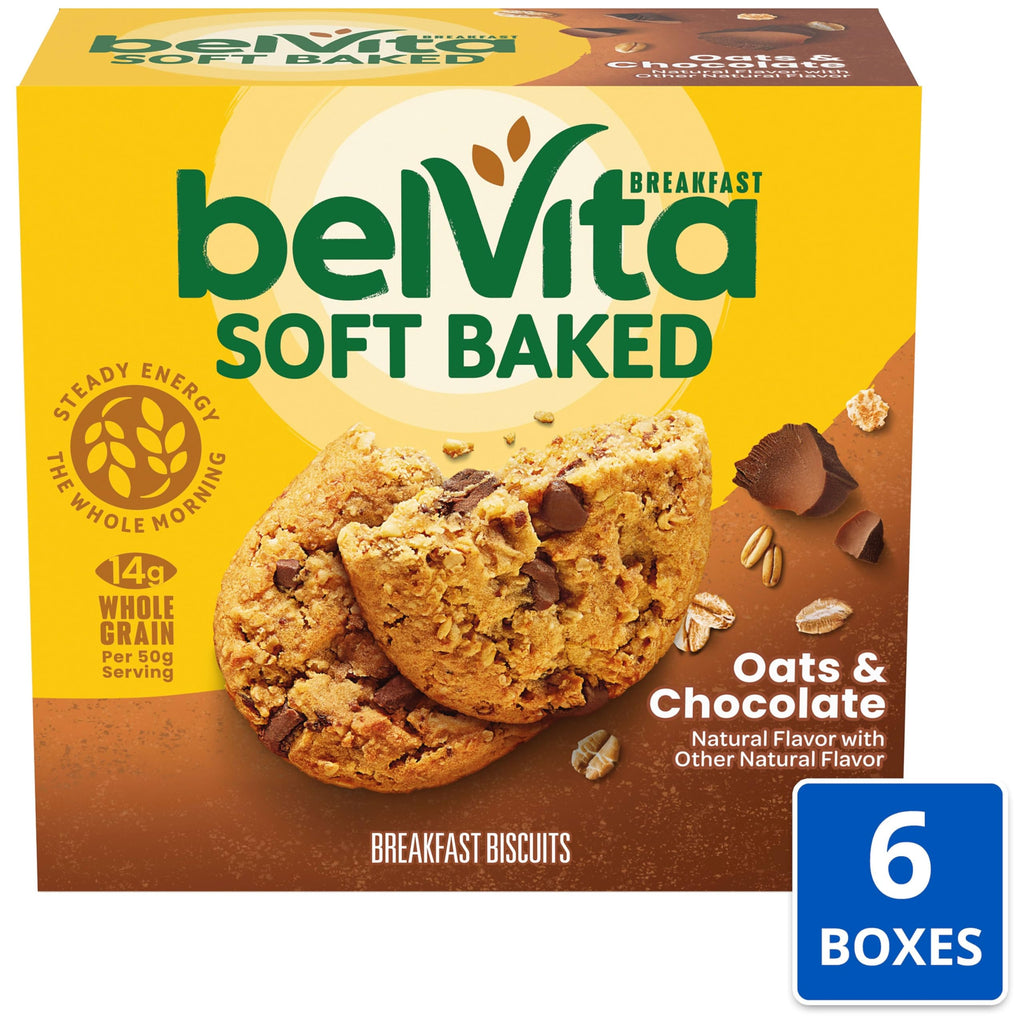 belVita Soft Baked Breakfast Bars, Oats & Chocolate, 6 Boxes of 5 Packs (1 Biscuit Per Pack)