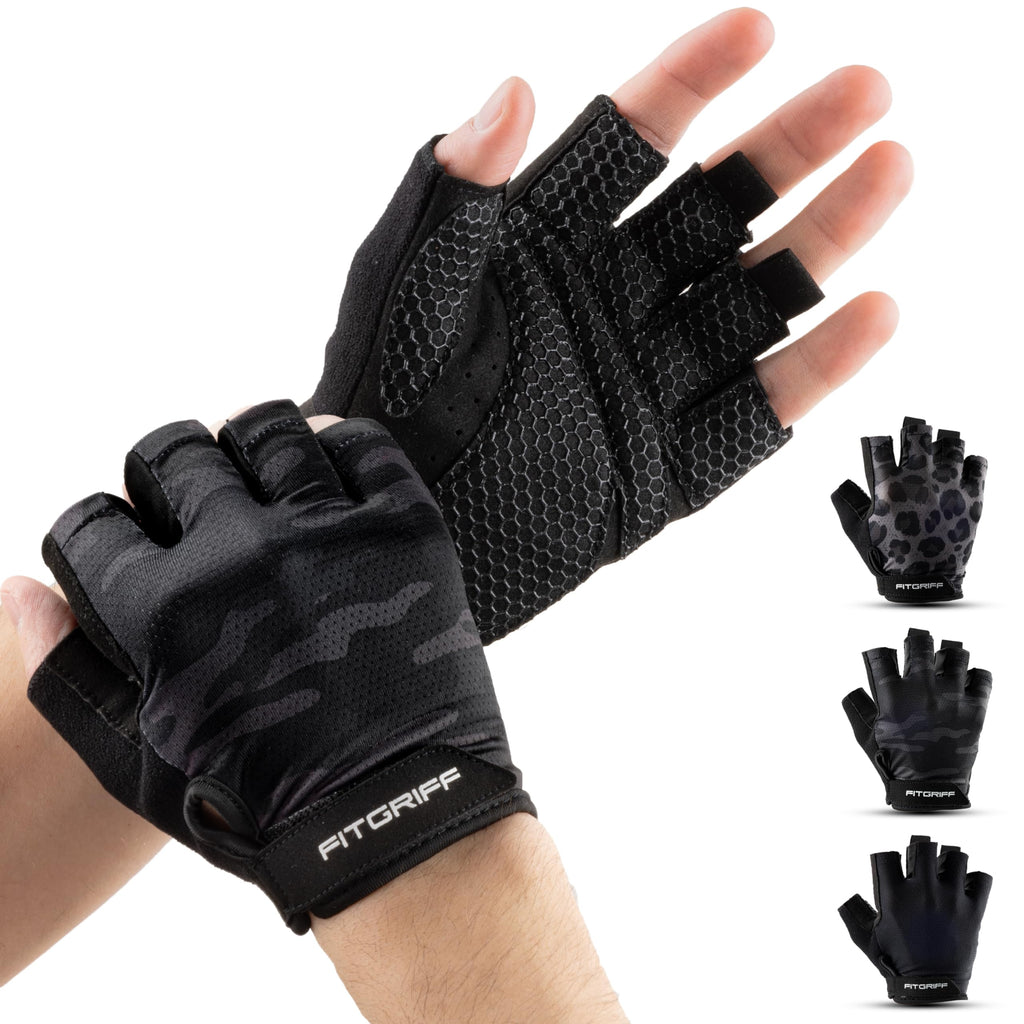 Fitgriff® Workout Gloves (Padded) for Men & Women - Fingerless Gym Gloves for Weight Lifting, Training - Full Palm Protection