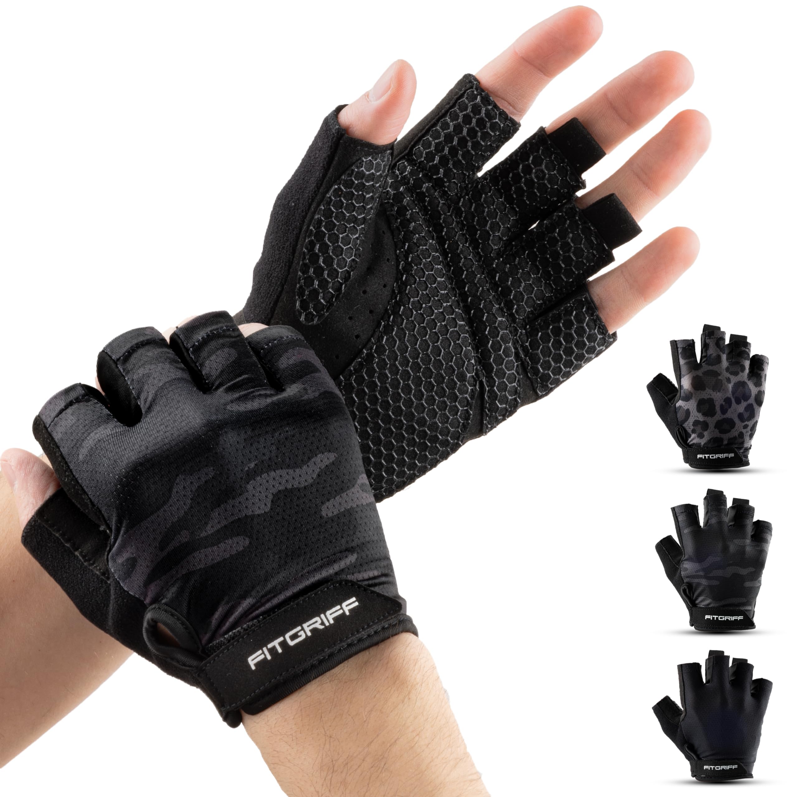 Fitgriff® Workout Gloves (Padded) for Men & Women - Fingerless Gym Gloves for Weight Lifting, Training - Full Palm Protection