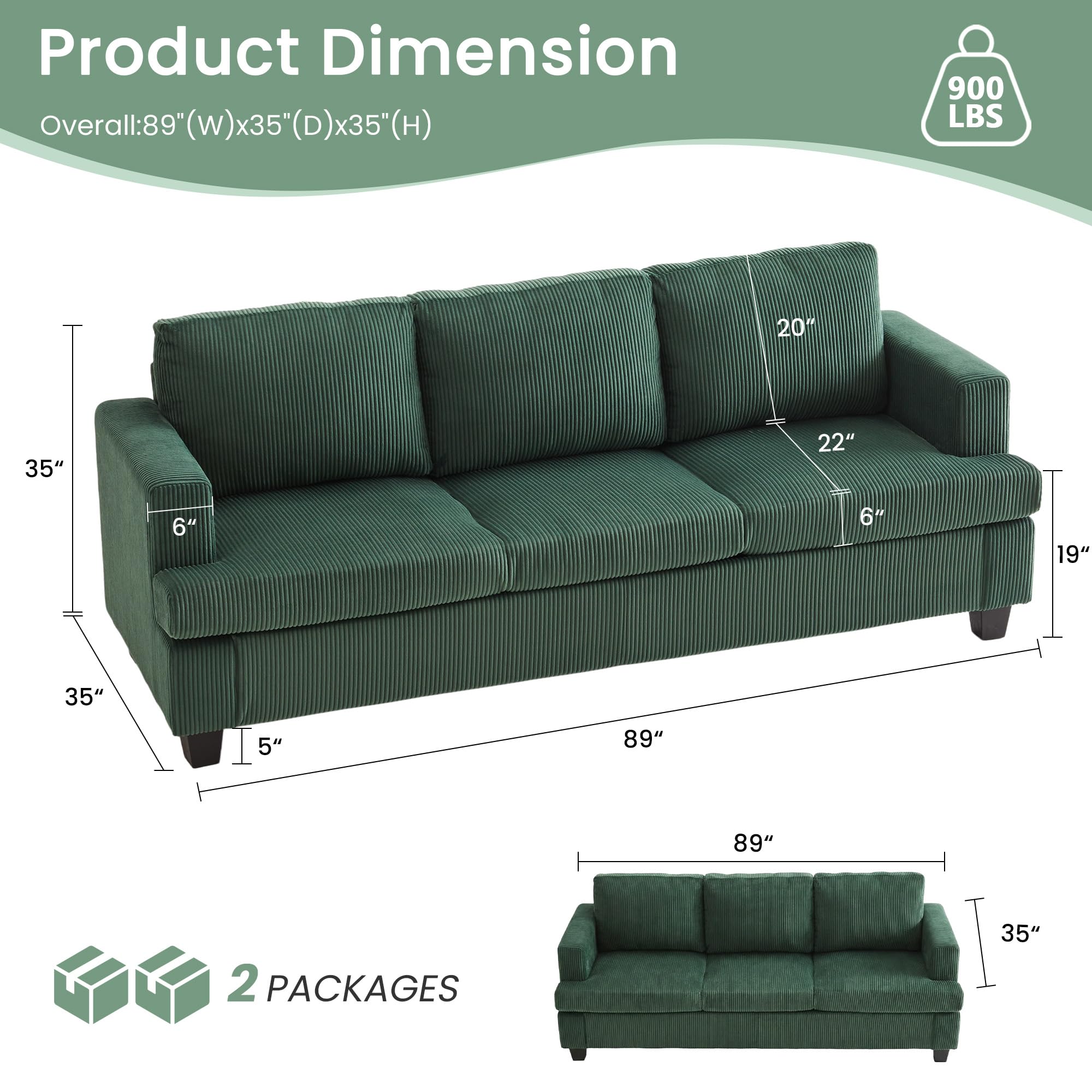YOUDENOVA 2 Piece Set Comfy Sofa Couch, Loveseat Sofa * 2 with Deep Seats, Modern Sleeper Couch for Living Room, Black Corduroy