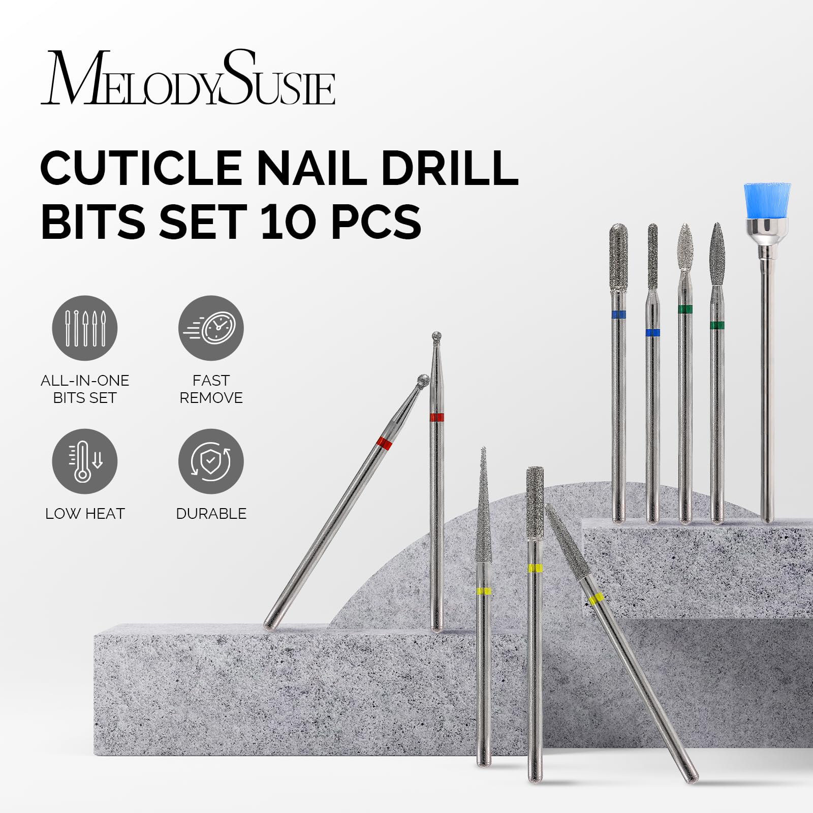 MelodySusie 10pcs Nail Drill Bits Set, 3/32 Inch Diamond Cuticle Bits for Nail Drill E-File, Manicure Pedicure Remover Tools for Acrylic Gel Nails, Salon Home Use Nail Care Supplies, Rainbow