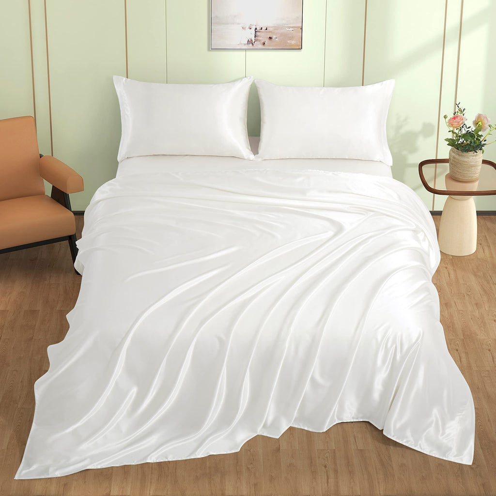 VACVELT 3pcs Beige Satin Sheets Twin Size Bed Set, 15 Inch Deep Pocket Silky Satin Sheet Set, Soft Satin Bedding Set Cooling & Luxury Bed Sheets, 1 Fitted Sheet + 1 Flat Sheet + 1 Pillowcase