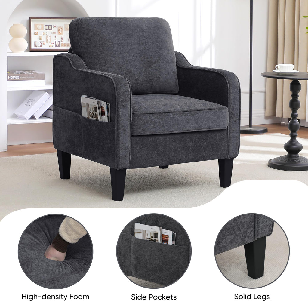Accent Chair for Living Room, Mid Century Modern Reading Chair for Bedroom, Upholstered Armchair with Side Pockets, Comfy Single Sofa Side Chair for Office, Apartment, Small Room, Beige