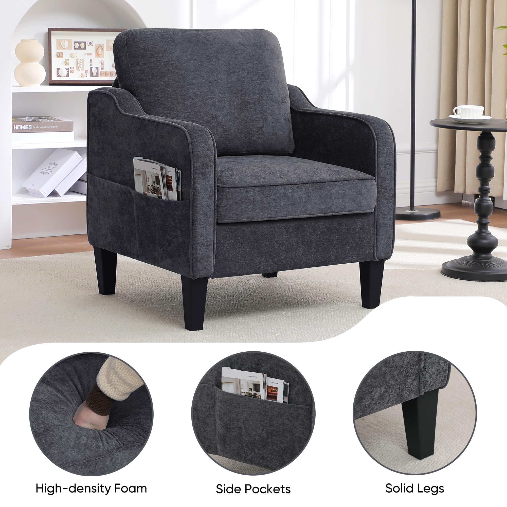 Accent Chair for Living Room, Mid Century Modern Reading Chair for Bedroom, Upholstered Armchair with Side Pockets, Comfy Single Sofa Side Chair for Office, Apartment, Small Room, Beige