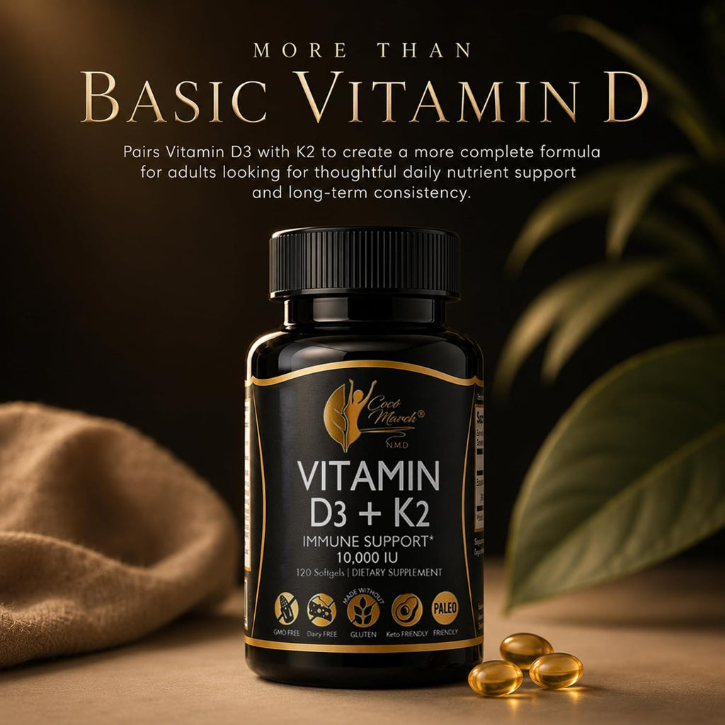 Cocó March N.M.D Vitamin D3+K2 10,000 IU - High Potency Supplement for Women & Men, Immune Support, Bone & Joint Health - Gluten-Free, Non-GMO, 4 Month Supply, 250 mcg D3, 180 mcg of Vitamin K2