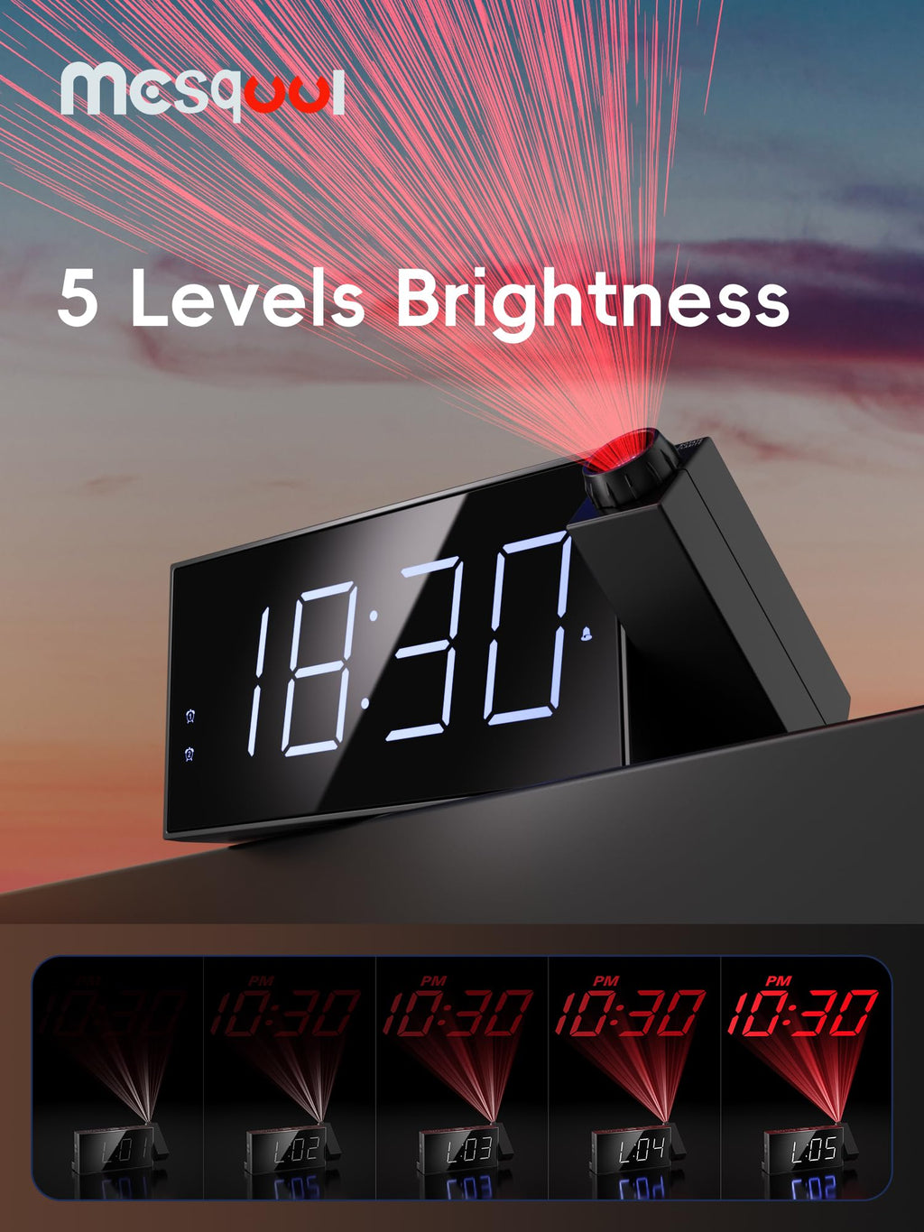 Digital Projection Alarm Clocks for Bedrooms - Large LED Display, 180° Rotatable Projector, 5-Level Dimmer,USB Charger,Battery Backup,Loud Dual Alarms for Kids Elderly,Heavy Sleepers,Snooze,12/24H,DST