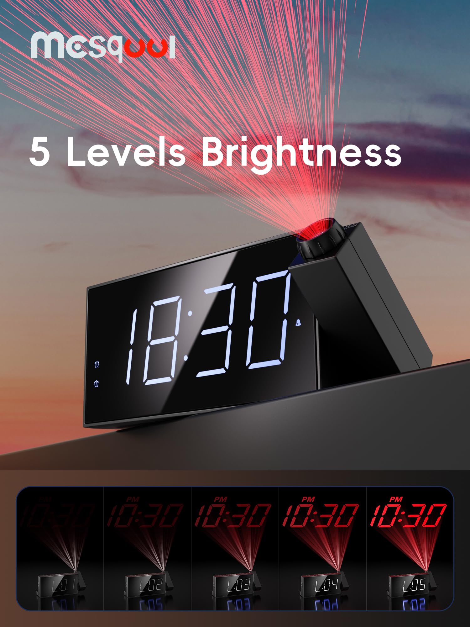 Digital Projection Alarm Clocks for Bedrooms - Large LED Display, 180° Rotatable Projector, 5-Level Dimmer,USB Charger,Battery Backup,Loud Dual Alarms for Kids Elderly,Heavy Sleepers,Snooze,12/24H,DST