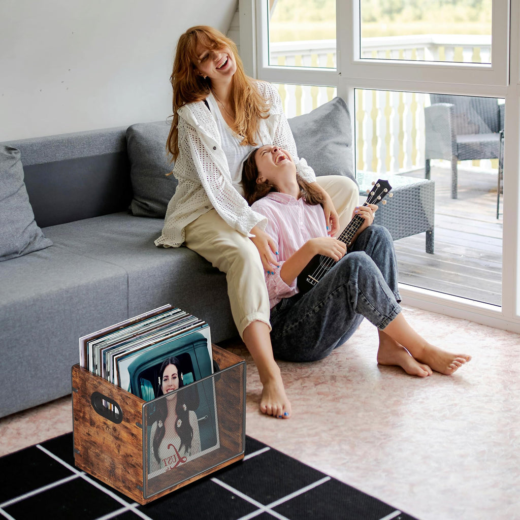 Homeiju Vinyl Record Storage, Record Box Case Crate, Vinyl Record Album Holder, Desktop Metal & Wooden LP Record Crate, Holds up to 60 Records（Patent No.D1024563
