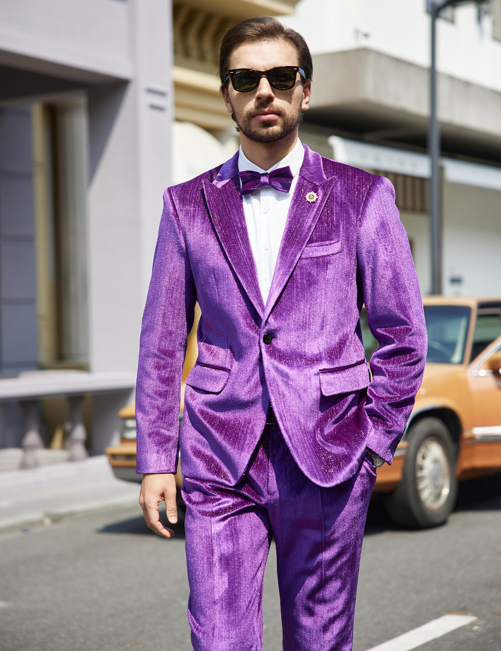 MAGE MALE Mens Suits Velvet Tuxedo Suit Set Slim Fit 2 Piece Luxurious Party Dinner Jacket Pants with Bow Tie