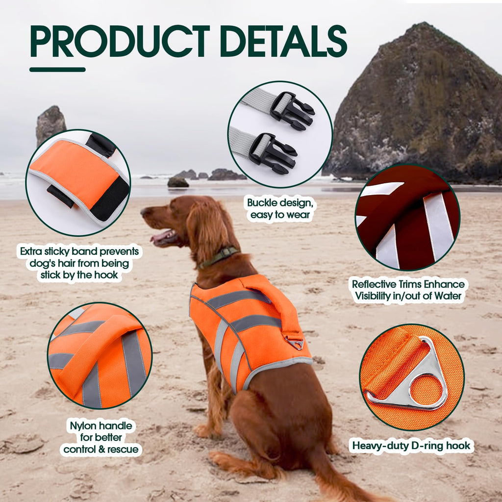 Kuoser Dog Life Jacket with Reflective Stripes, Dog Life Vest for Swimming Boating, Adjustable Pet Lifejackets with High Flotation, Doggie Swimsuit for Small Medium Large Dogs