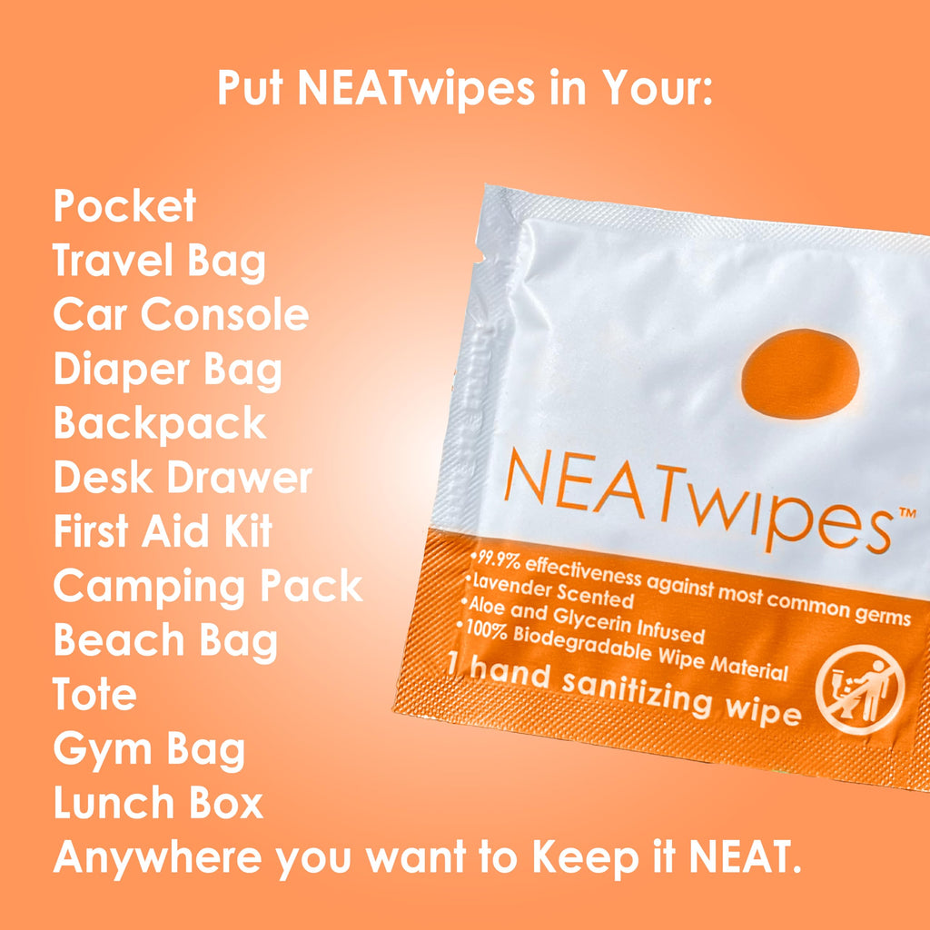 NEATwipes Hand Sanitizing Wipes | Travel Size | Disposable Wet Wipe & Biodegradable | Fresh Citrus Essential Oil | Soothing Aloe Vera | 24 Individually Wrapped Wipes