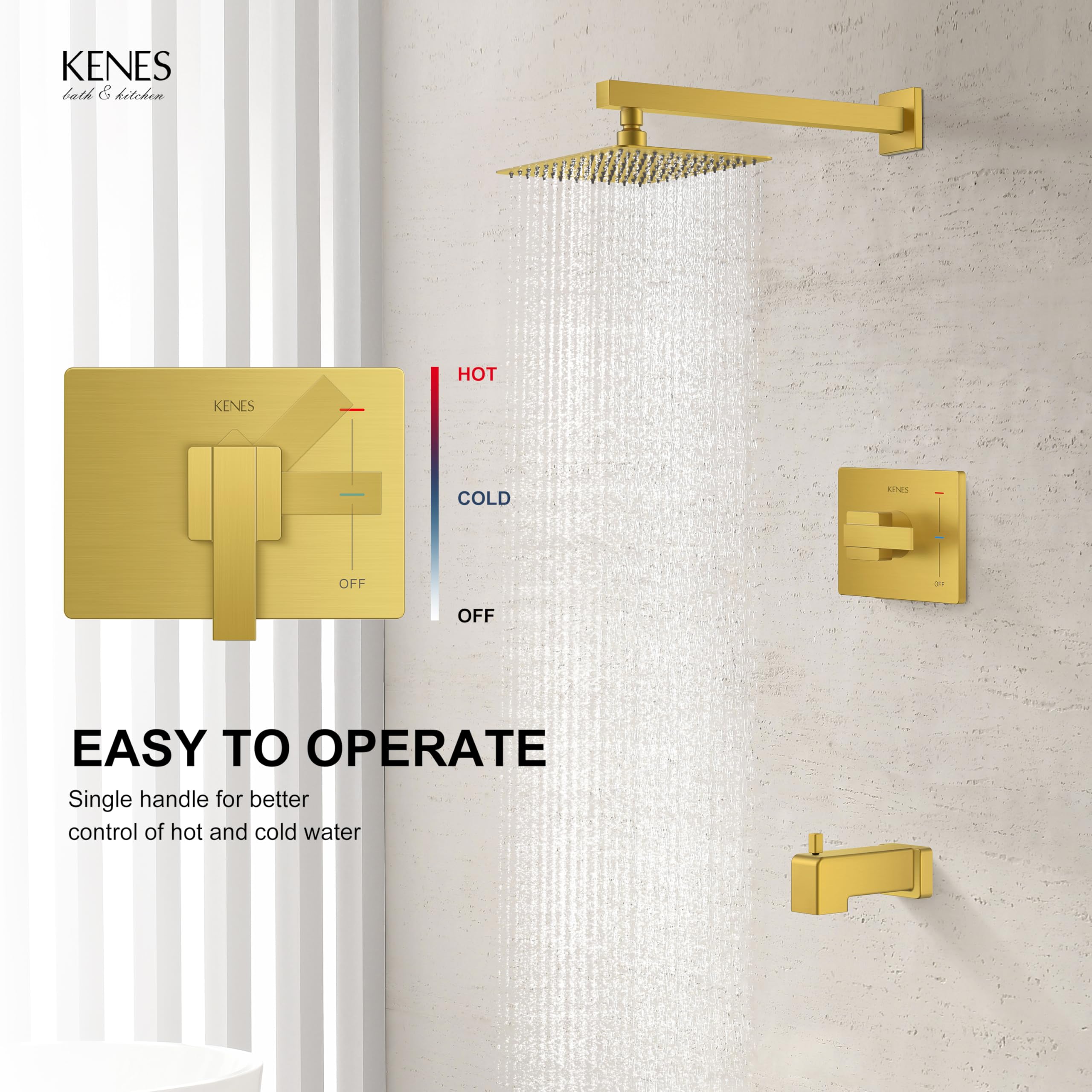 KENES Brushed Nickel 10-Inch Shower Head and Handle Set, Square Shower Faucet Set Bathroom Rainfall Shower System Wall Mount, KE-6024B (Shower Valve Included)