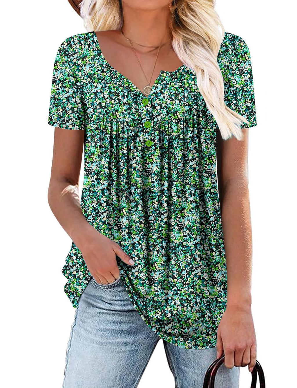 Mystry Zone Womens Henley V Neck Casual Blouse Button Down T Shirts Flare and Flowy Tops