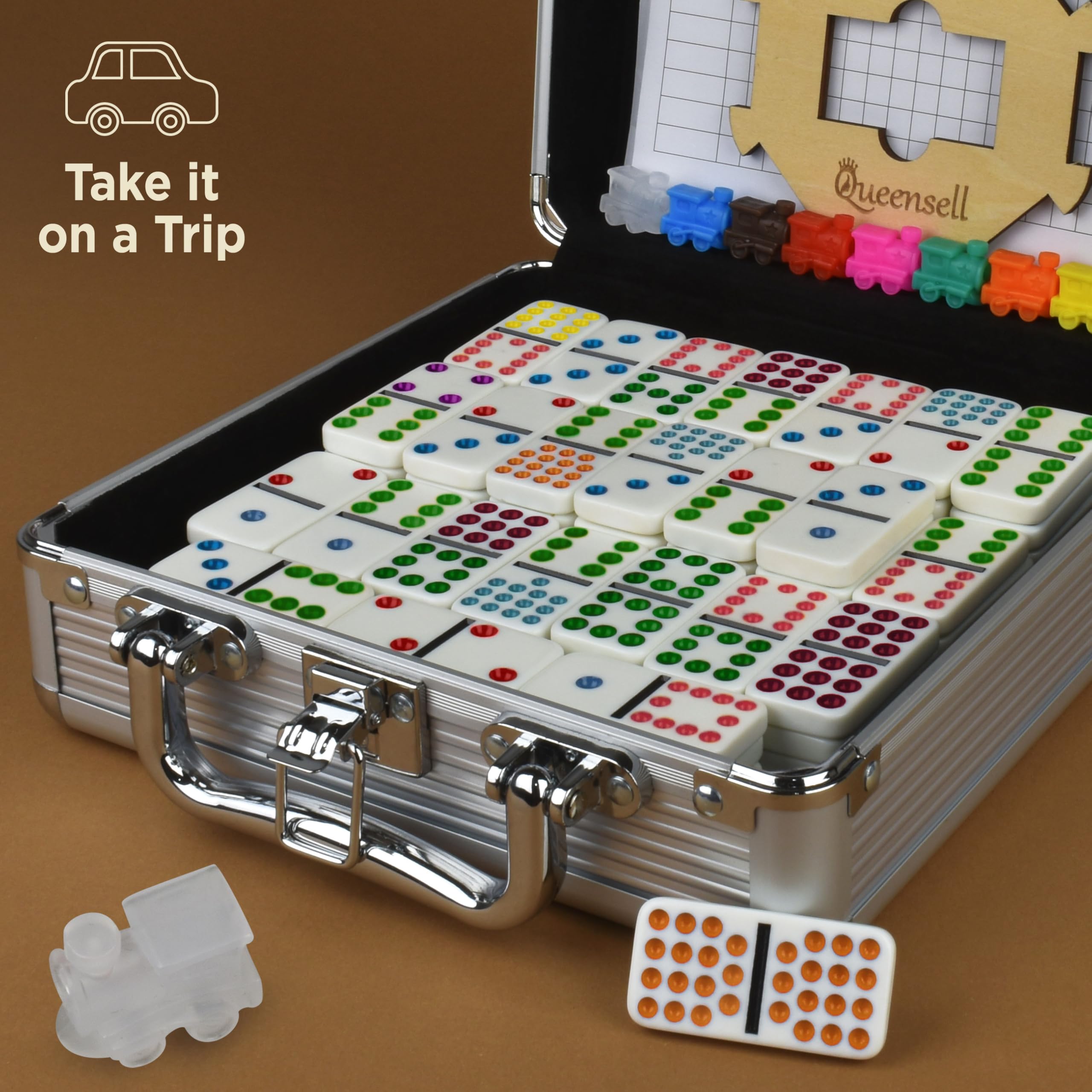 Queensell Mexican Train Dominoes Set Double 15 for Adults and Family, Mexican Train Double 15 Dominoes Set Colored Dot - 136 Tiles, 9 Trains, Wooden Hub, Aluminum Case (Double 15)